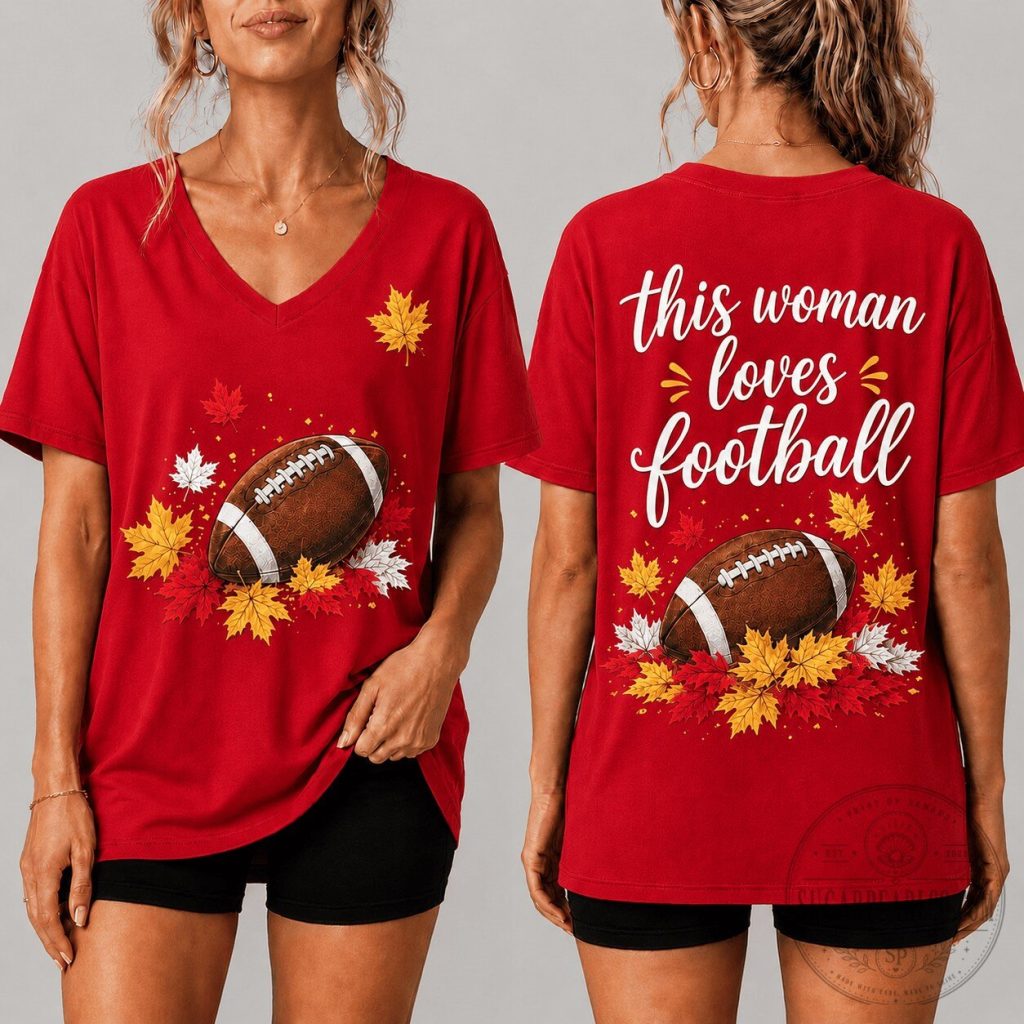 Autumn Football Season Women's V-Neck T-Shirt with Maple Leaves Autumn Football Season Women's V-Neck T-Shirt with Maple Leaves