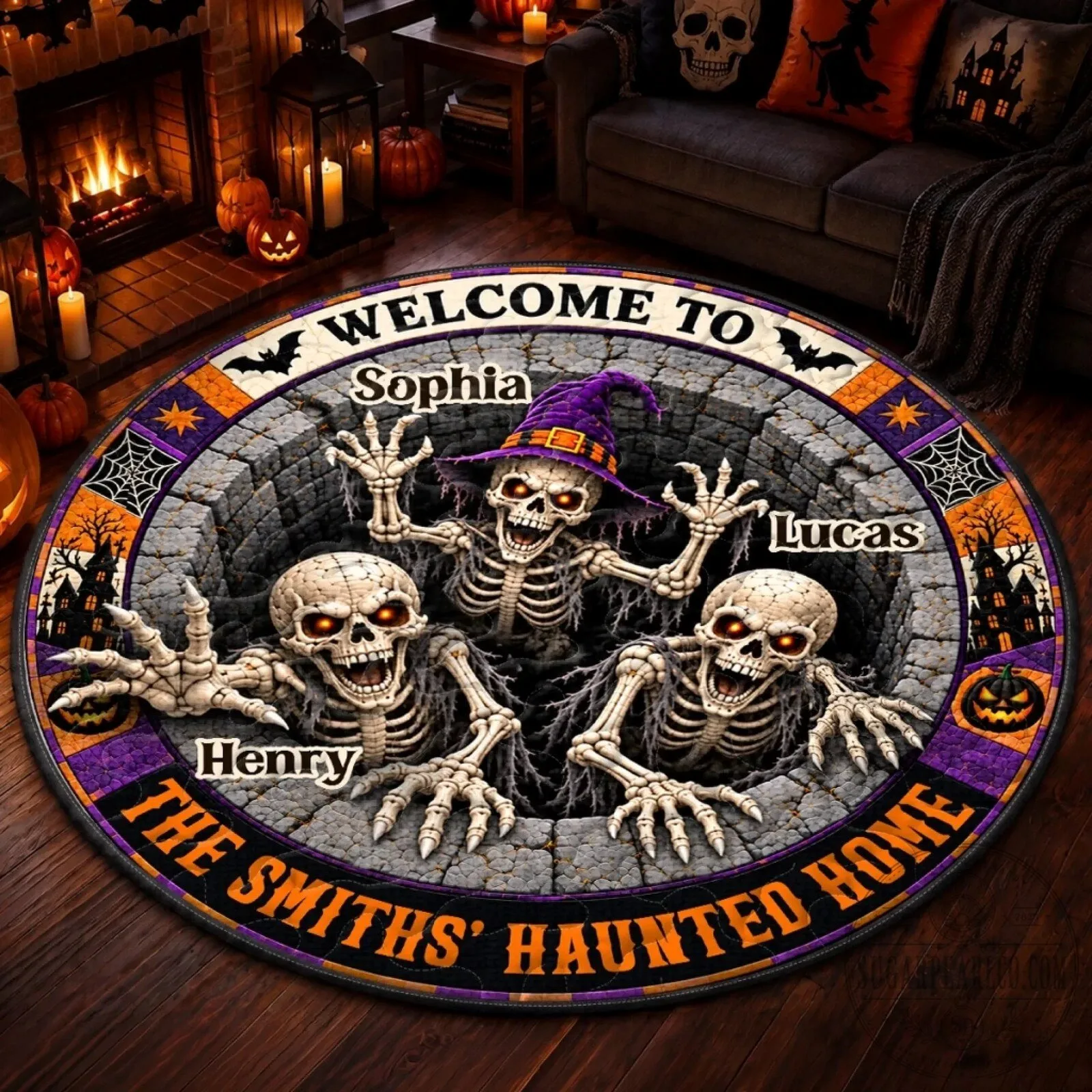 Personalized Skeleton Family Halloween Welcome Round Doormat 4 Personalized Skeleton Family Halloween Welcome Round Doormat