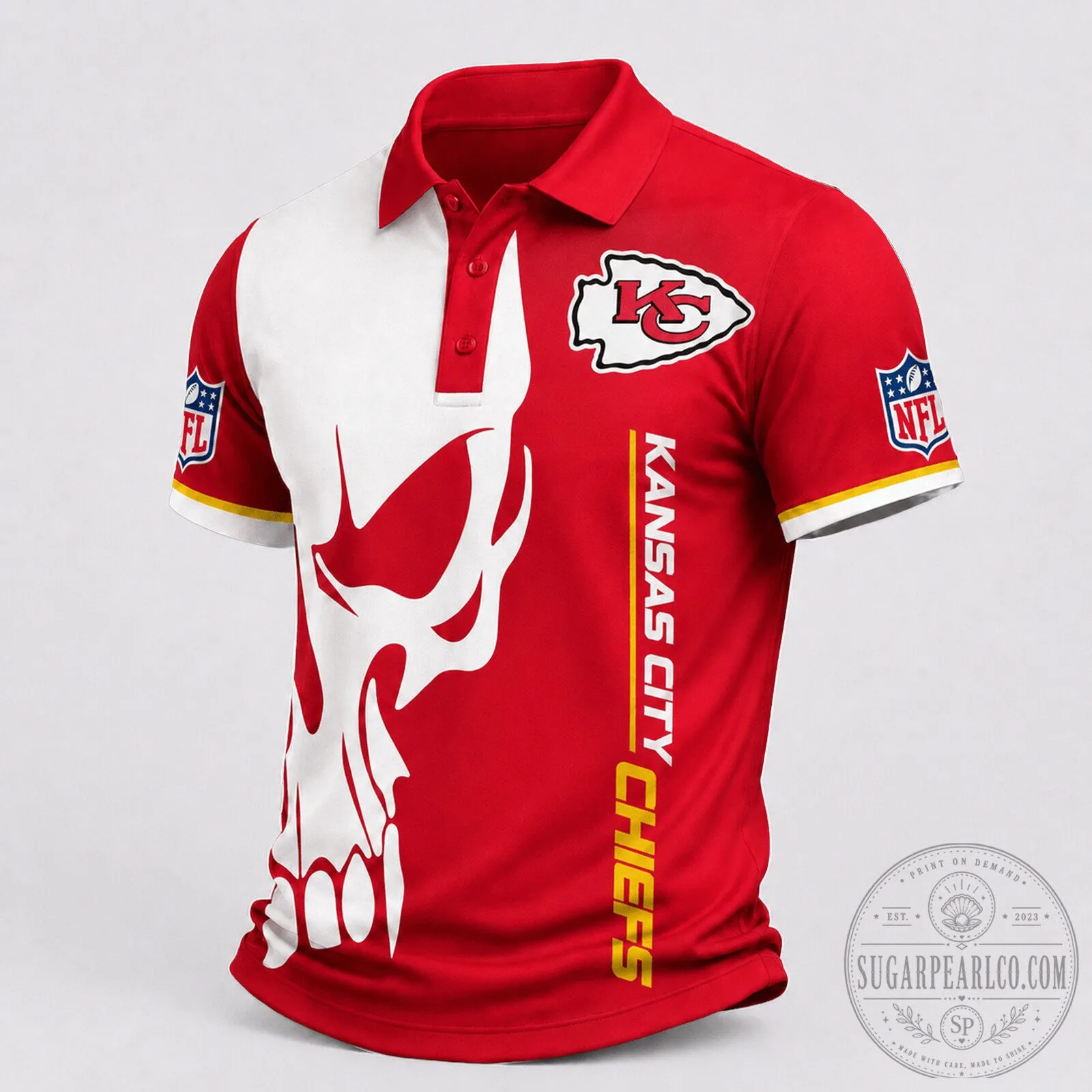 Kansas City Chiefs NFL Skull Game Day Red and White Polo Shirt