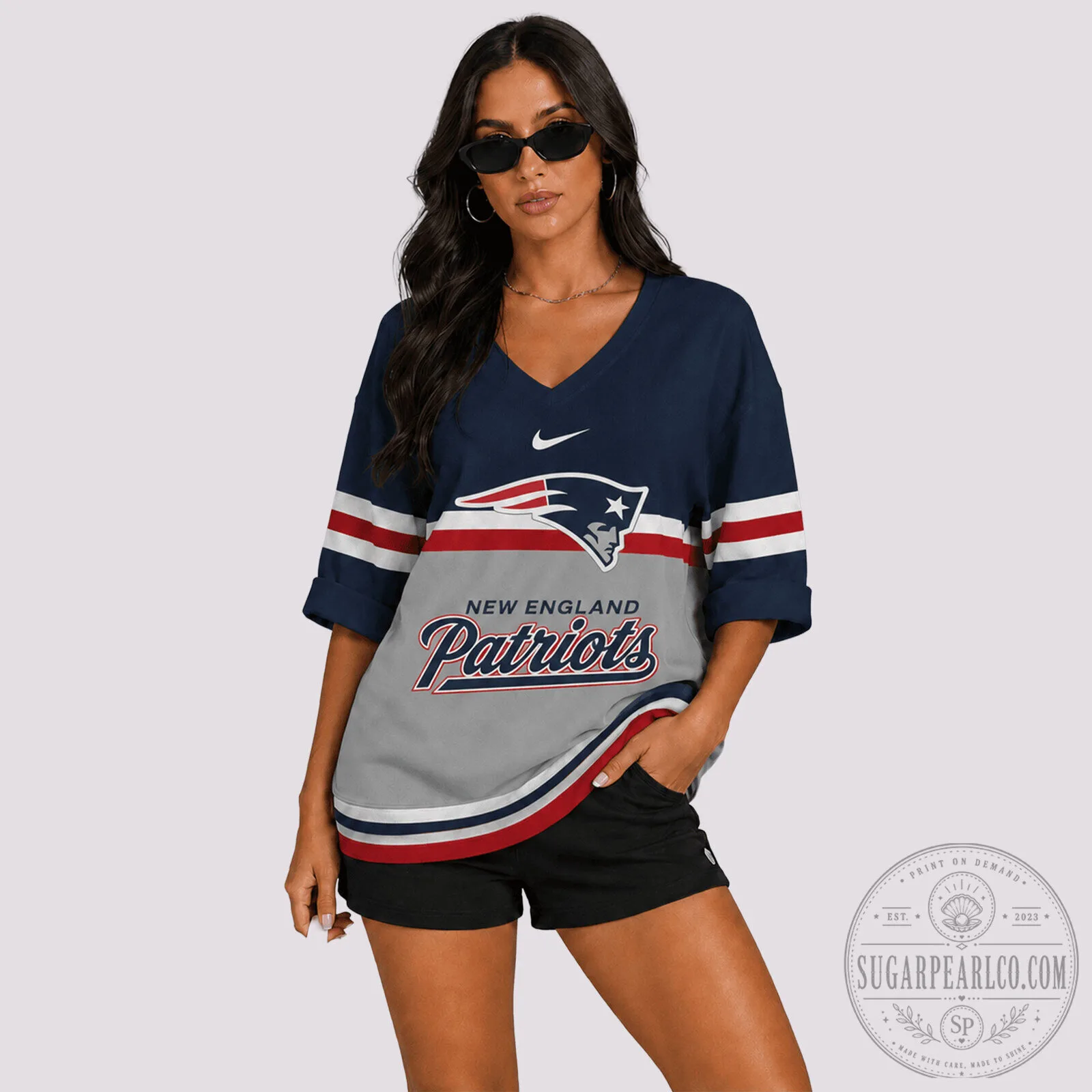 New England Patriots NFL Football Team V-Neck Long Sleeve Shirt for Women