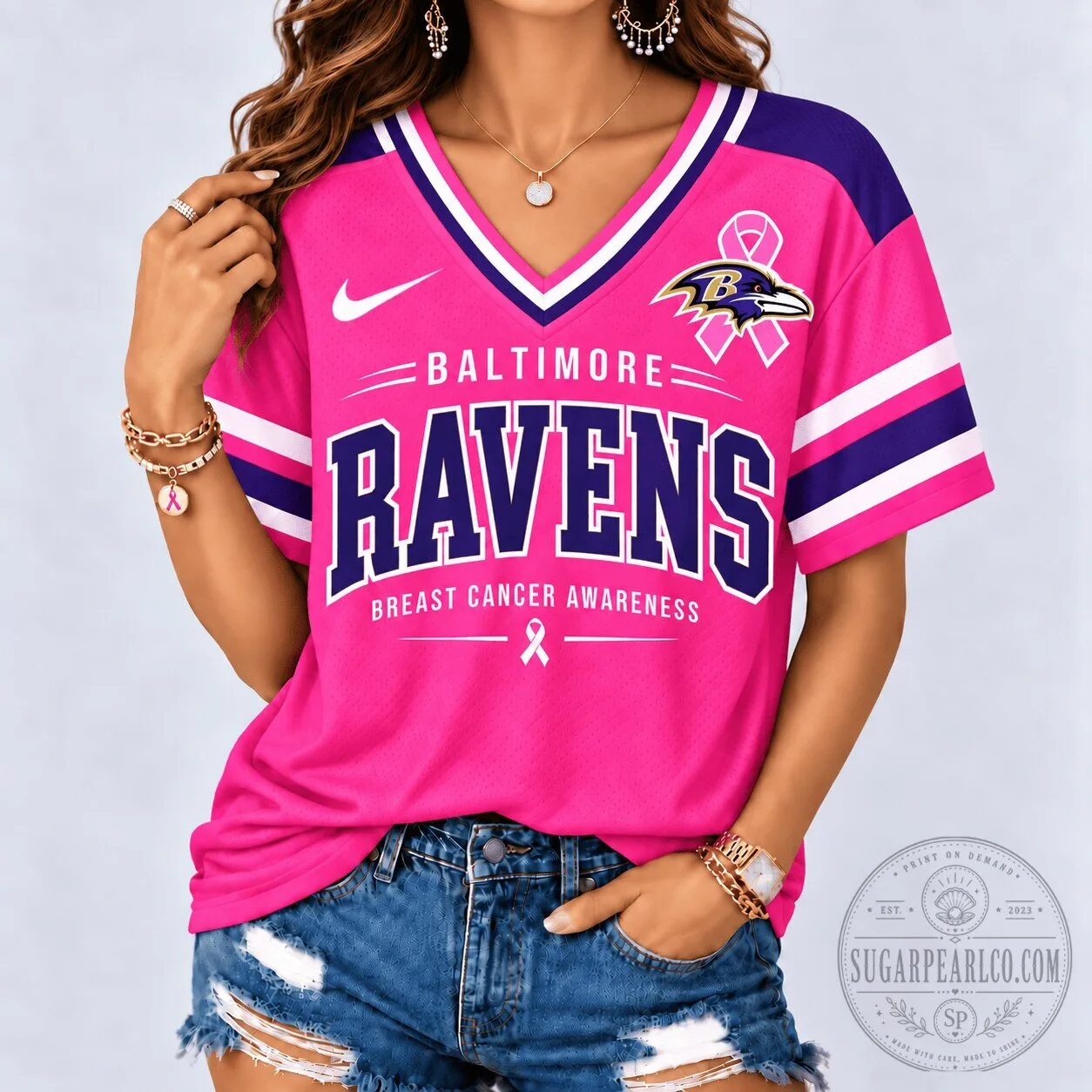 Baltimore Ravens Pink Breast Cancer Awareness Football Jersey for Women