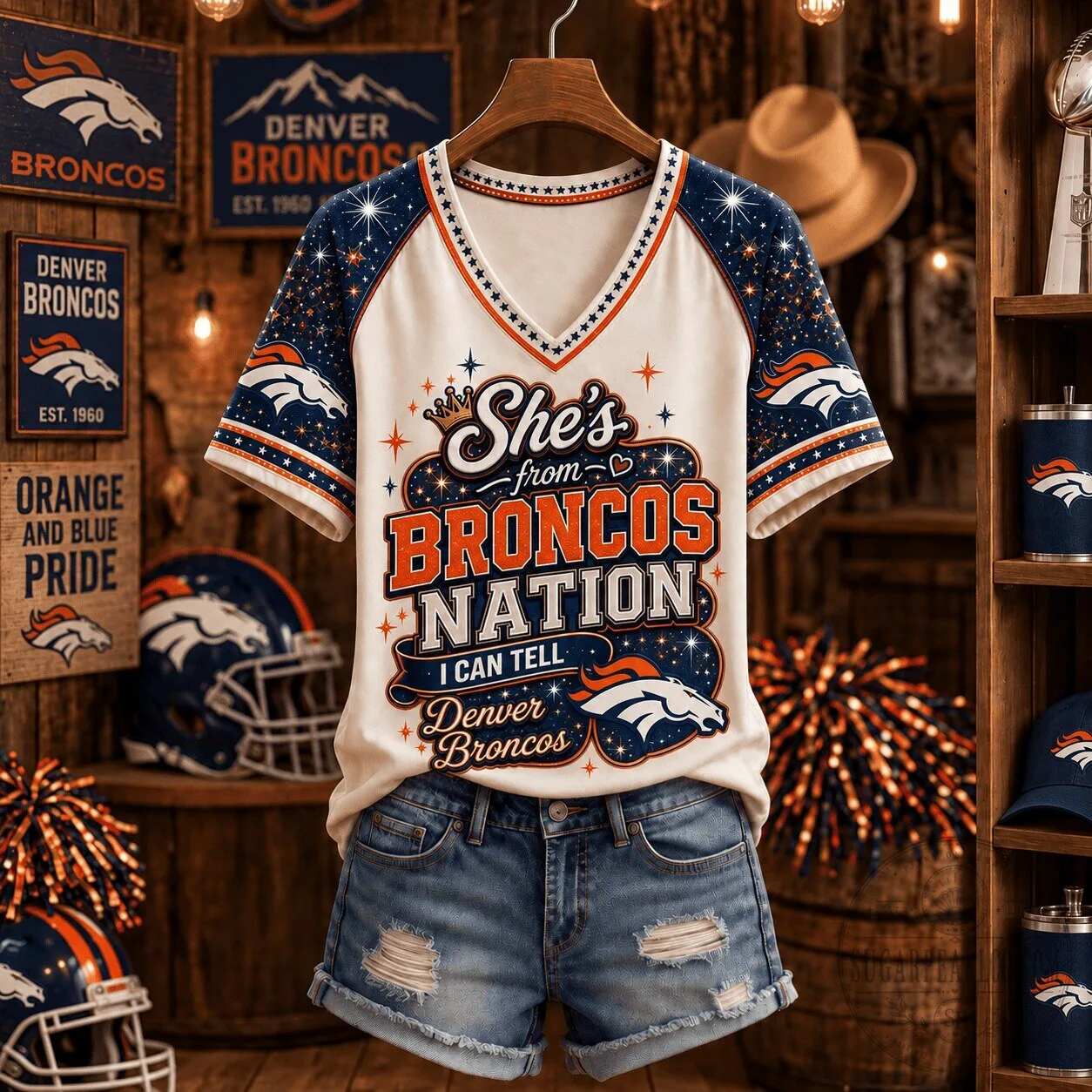Denver Broncos NFL Fan Gift She's From Broncos Nation Women's V-Neck T-Shirt