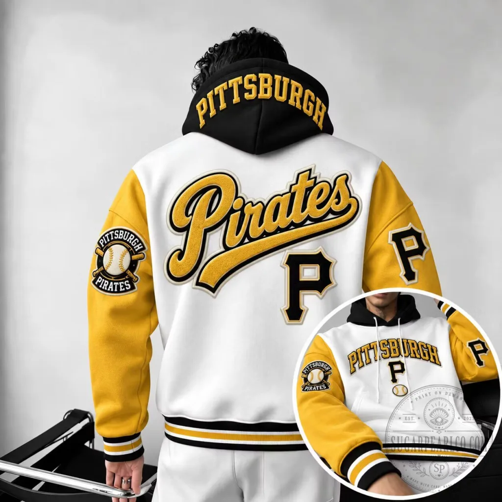 Pittsburgh Pirates Baseball Team White and Yellow Varsity Hoodie Pittsburgh Pirates Baseball Team White and Yellow Varsity Hoodie