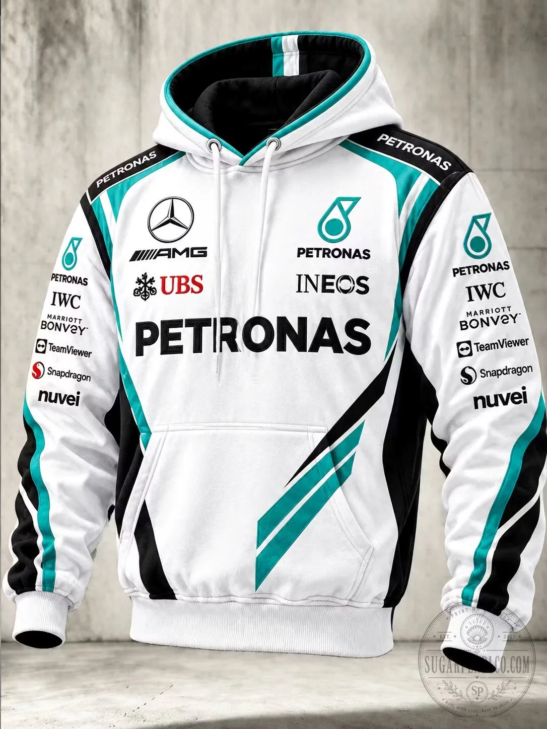 Mercedes AMG Petronas Formula One Team Racing White and Teal Hoodie 2 Mercedes AMG Petronas Formula One Team Racing White and Teal Hoodie