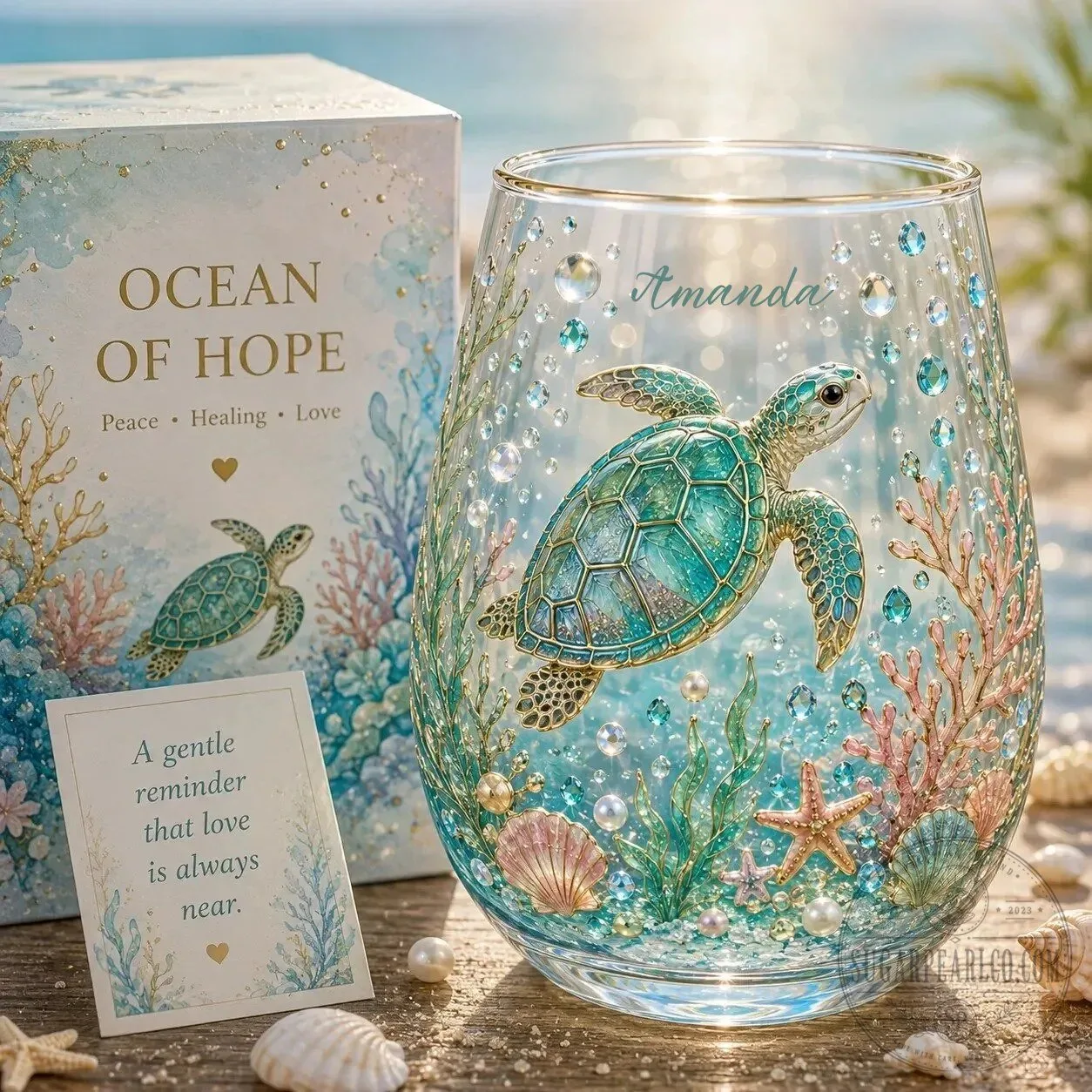 Personalized Ocean of Hope Sea Turtle Stemless Wine Glass