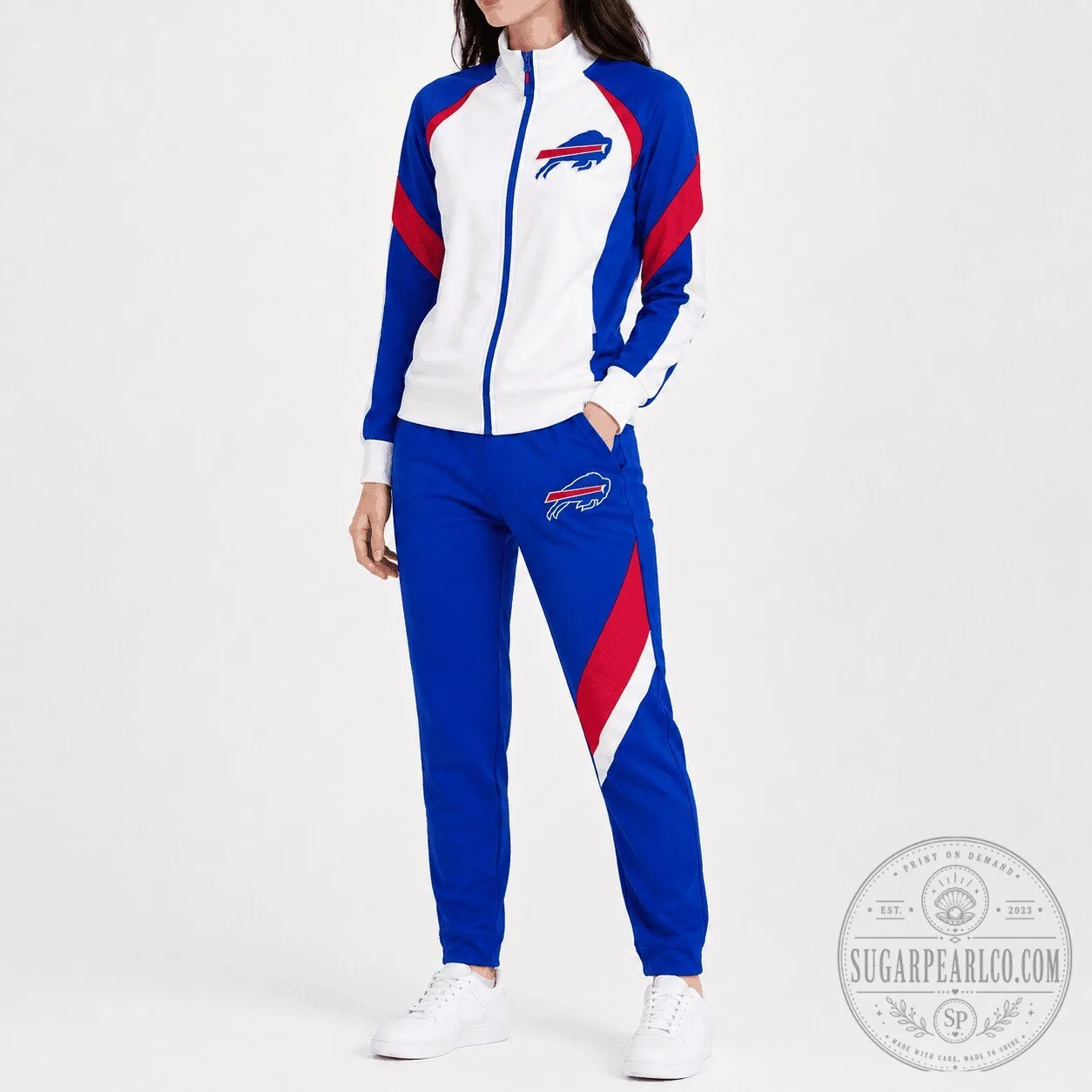 Buffalo Bills NFL Team Logo White Blue Red Tracksuit Jacket and Jogger Pants Set