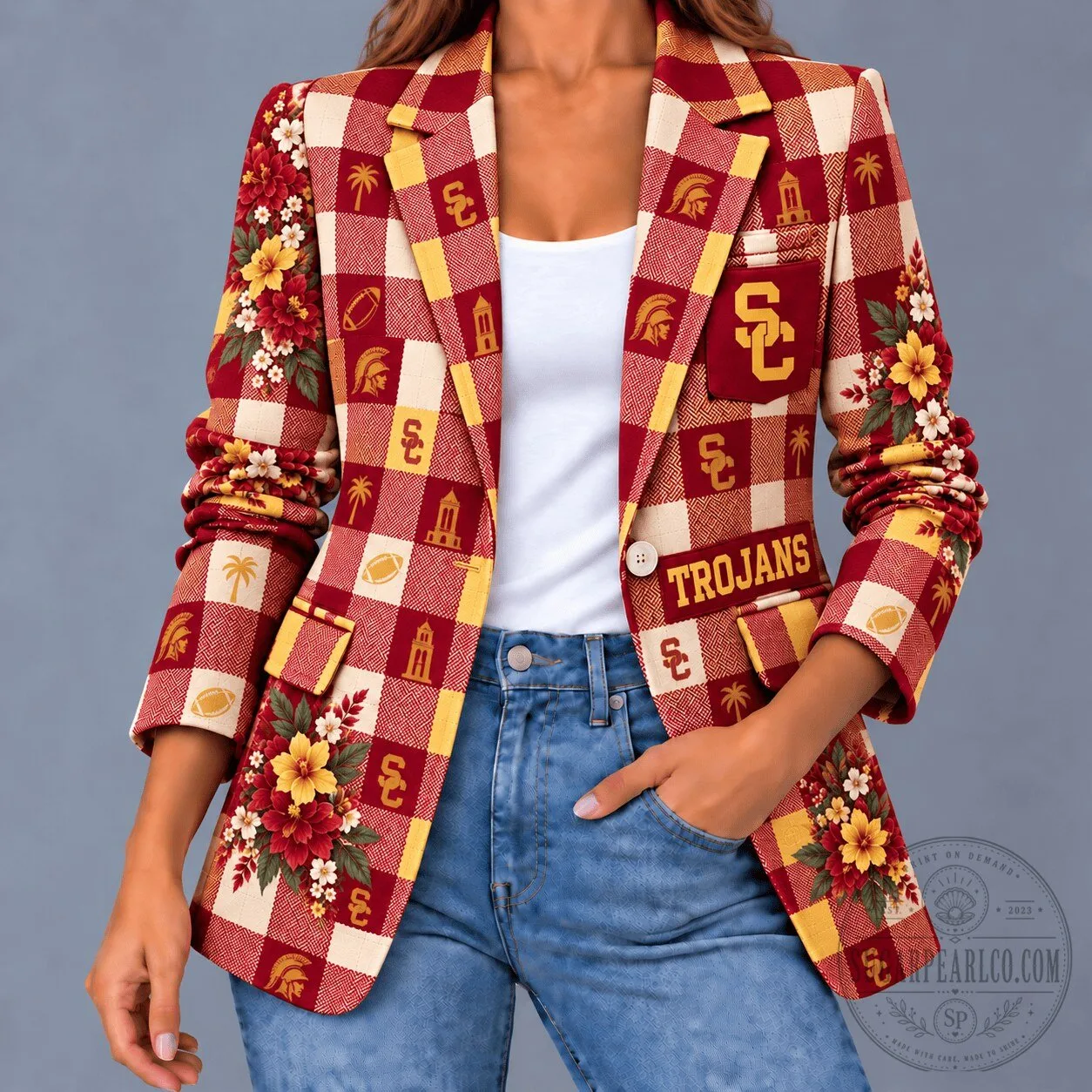 University of Southern California Trojans Floral Plaid Women's Blazer Jacket 1 University of Southern California Trojans Floral Plaid Women's Blazer Jacket