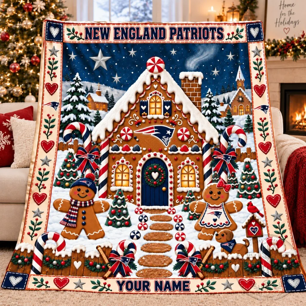 New England Patriots Christmas Gingerbread House Personalized Fleece Blanket New England Patriots Christmas Gingerbread House Personalized Fleece Blanket