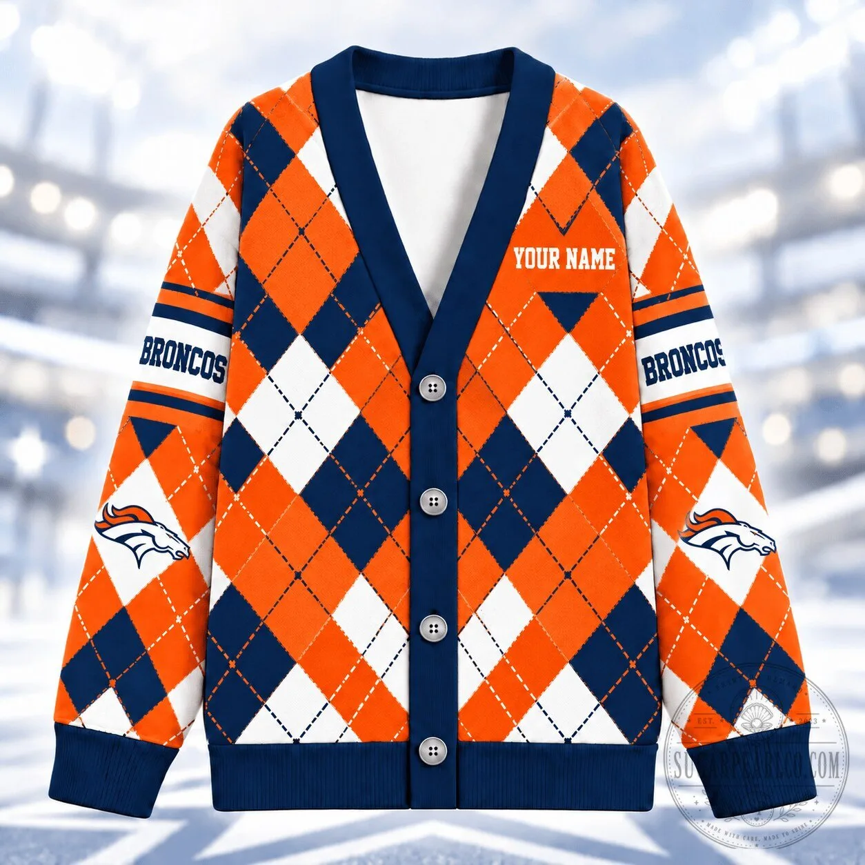 Denver Broncos Argyle Custom Name V-Neck Knitted Cardigan Sweater