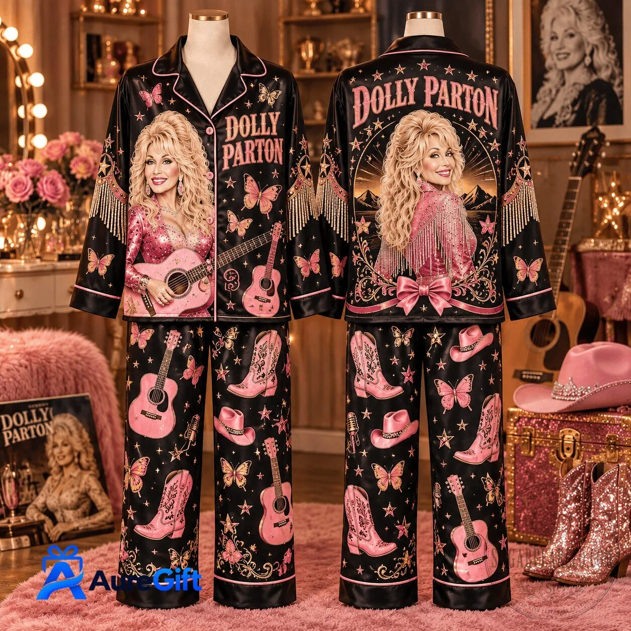 Dolly Parton Pink Guitar and Cowboy Boots Country Music Fan Pajamas