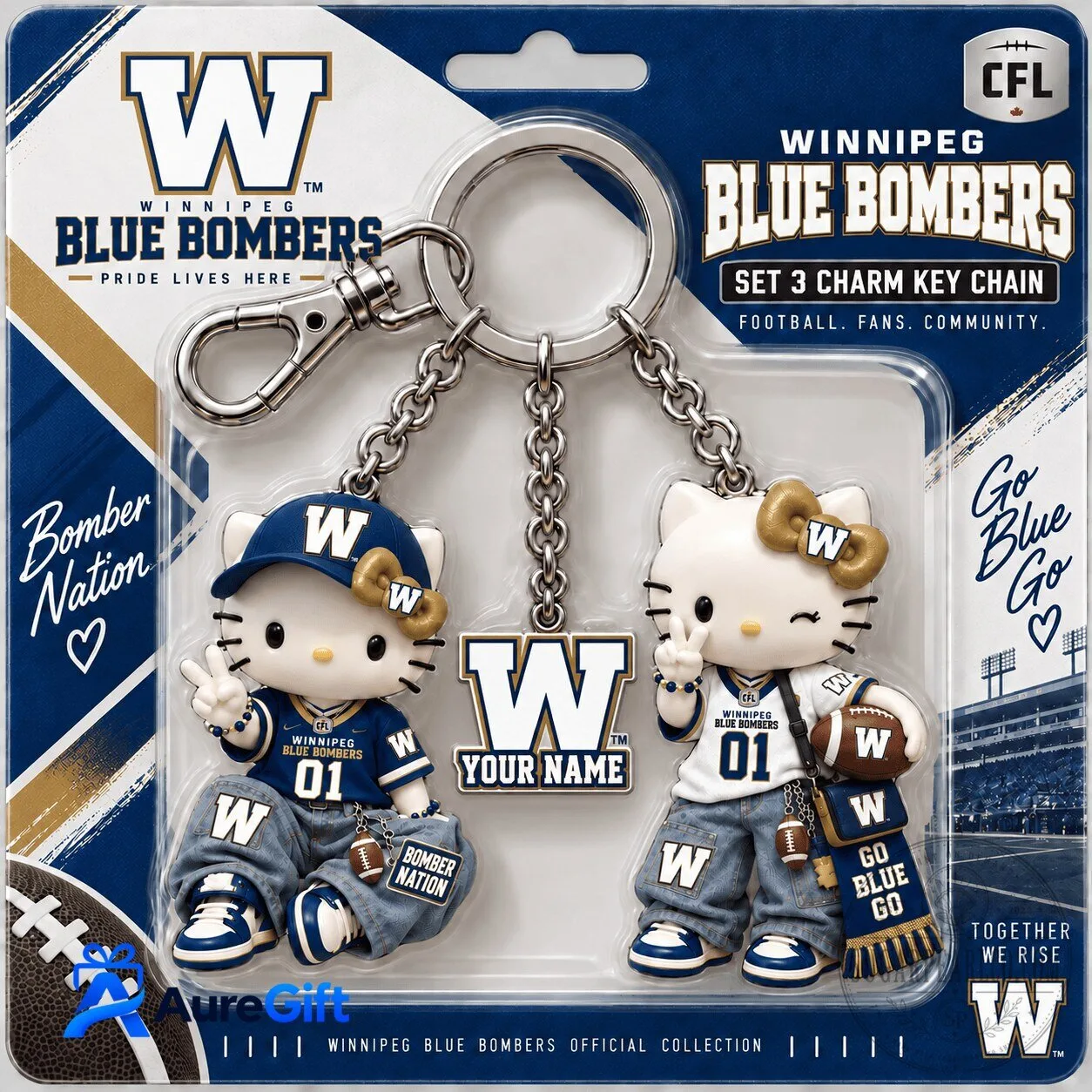 Winnipeg Blue Bombers Hello Kitty Personalized Charm Key Chain Set