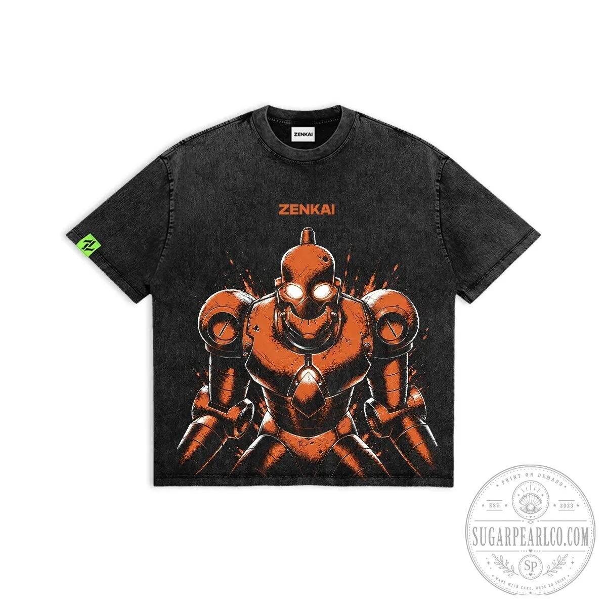 Zenkai Iron Vanguard Robot Graphic Print Washed Black Oversized T-Shirt