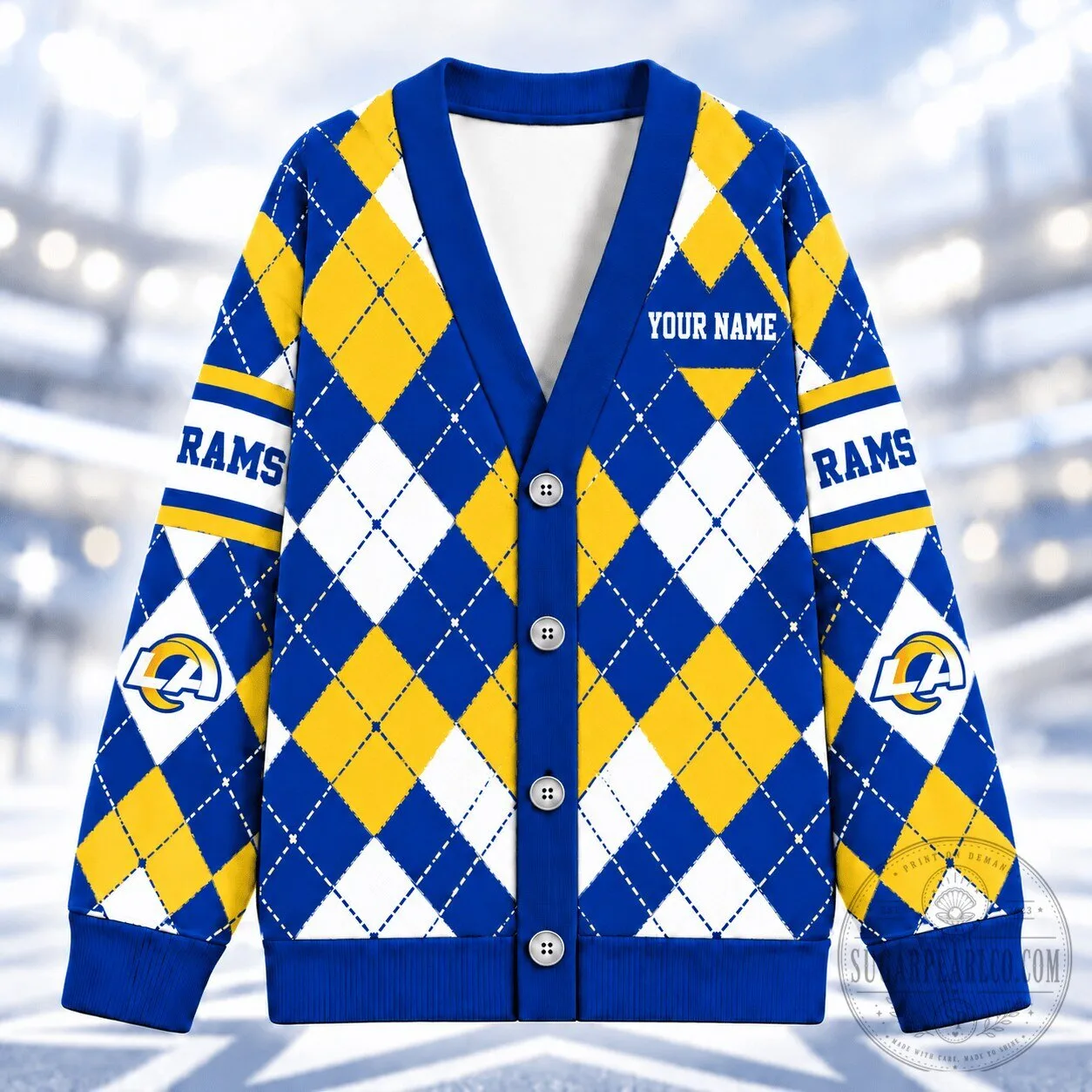 Los Angeles Rams Argyle Pattern Custom Name V-Neck Cardigan Sweater