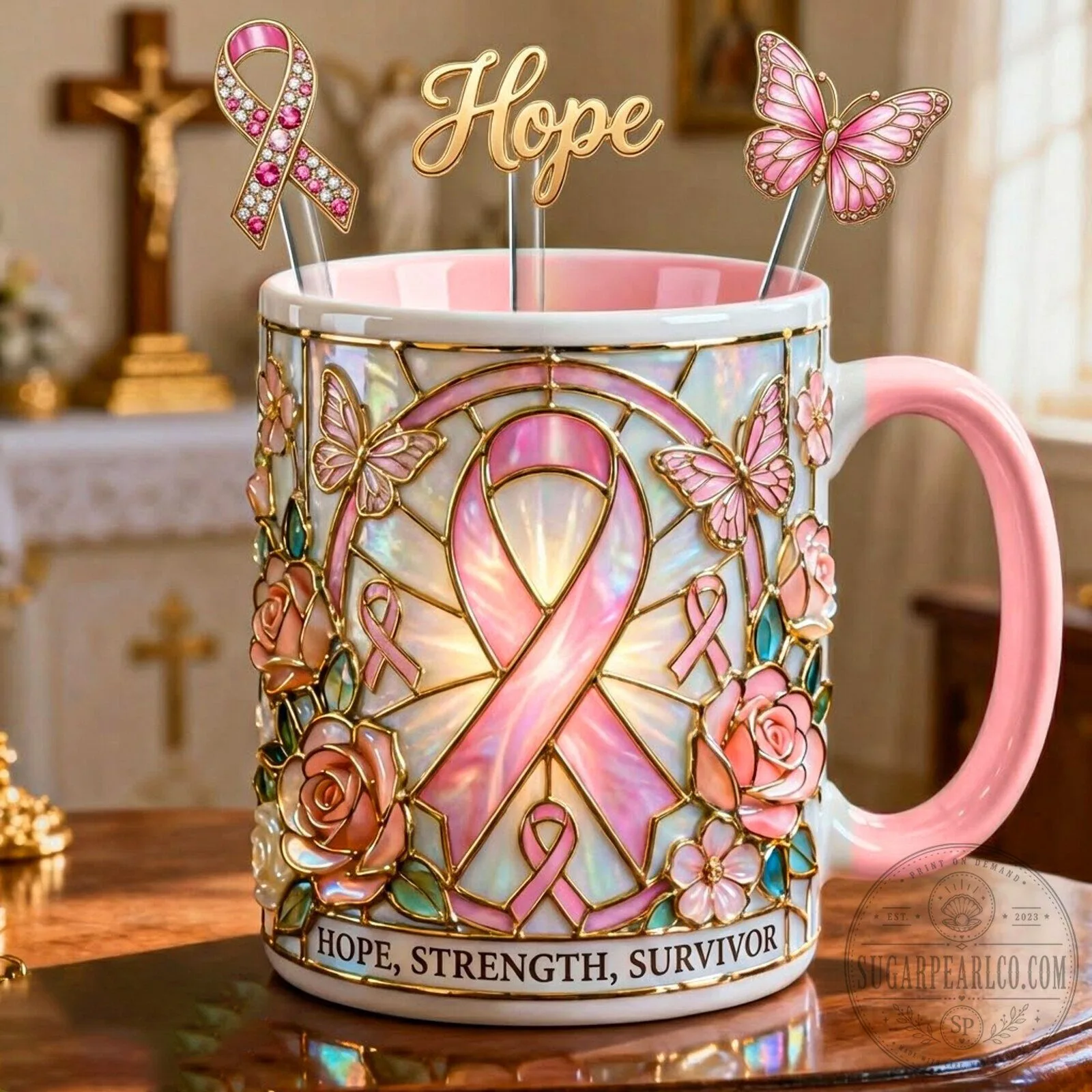 Breast Cancer Awareness Hope Strength Survivor Pink Ribbon Floral Mug