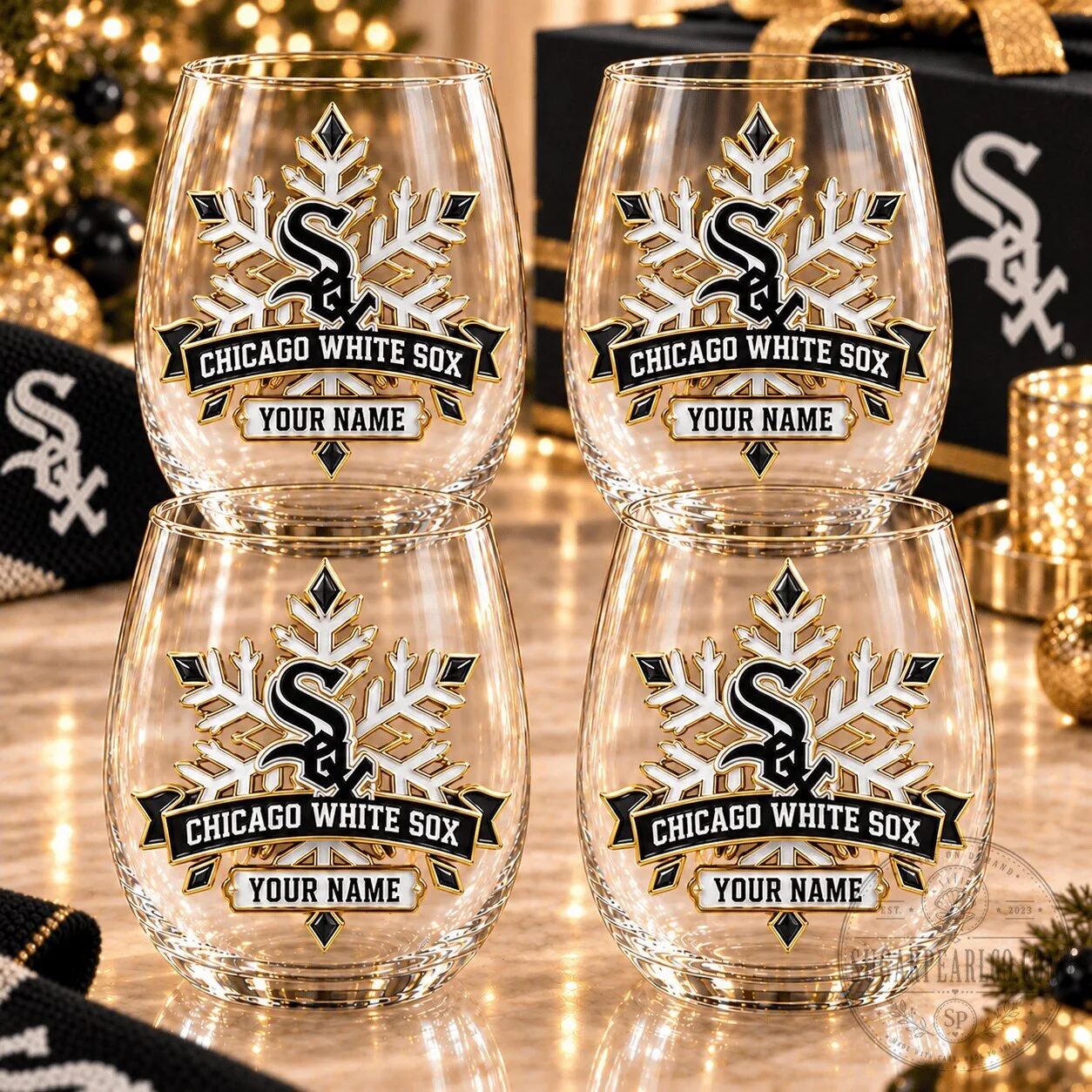Chicago White Sox Personalized Snowflake Stemless Wine Glass Set