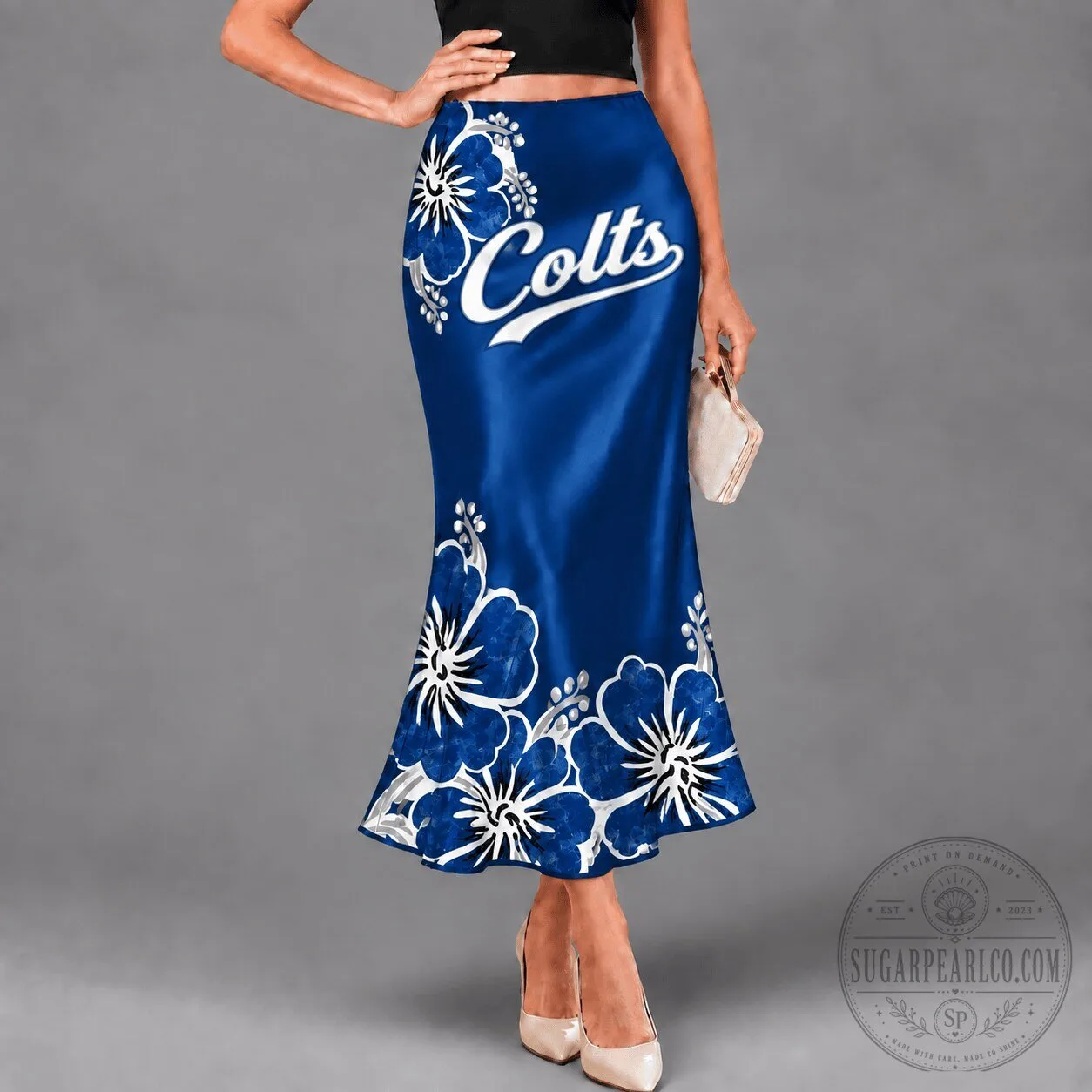 Indianapolis Colts Hibiscus Flower Pattern High-Waisted Maxi Skirt 1 Indianapolis Colts Hibiscus Flower Pattern High-Waisted Maxi Skirt