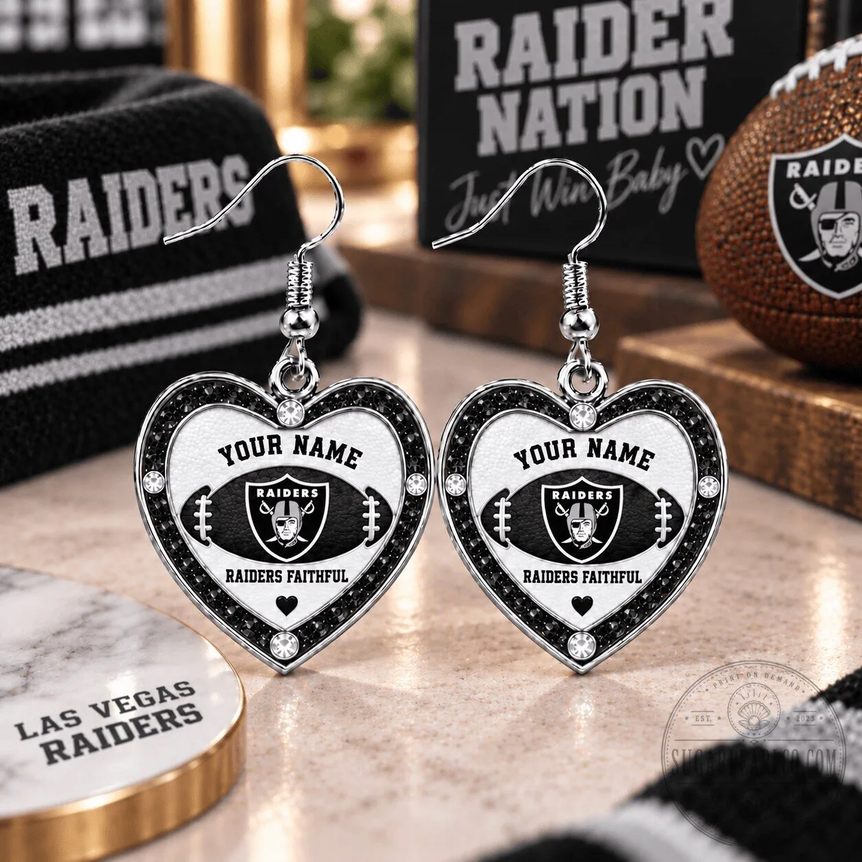 Las Vegas Raiders Heart Dangle Earrings Personalized Gift for Women
