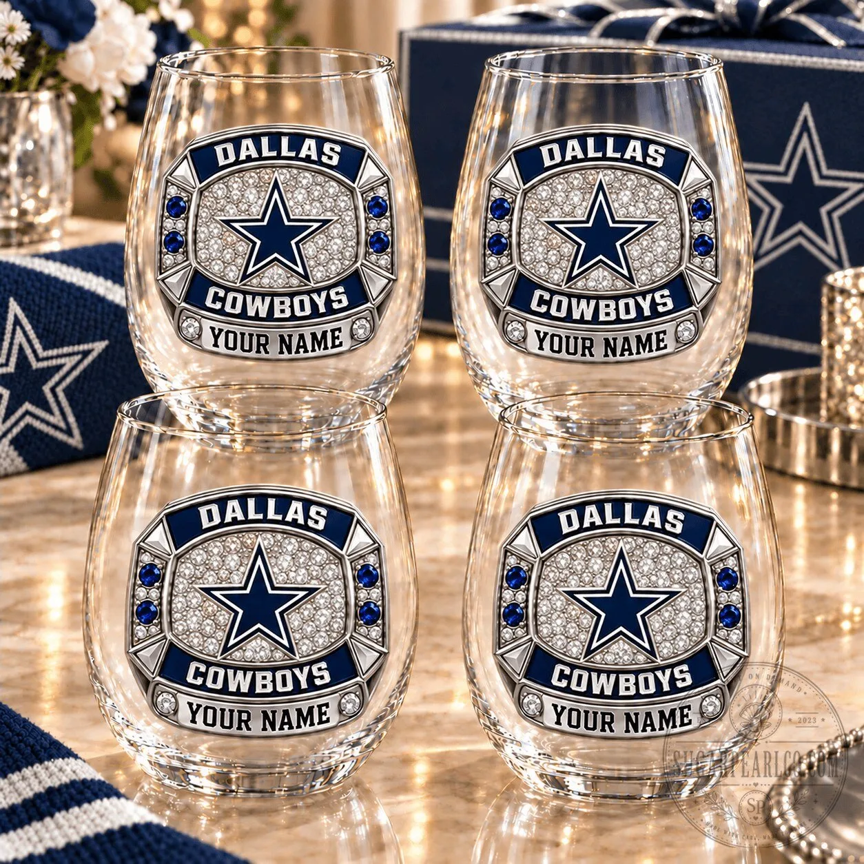 Personalized Dallas Cowboys Super Bowl Ring Stemless Wine Glass Set 1 Personalized Dallas Cowboys Super Bowl Ring Stemless Wine Glass Set