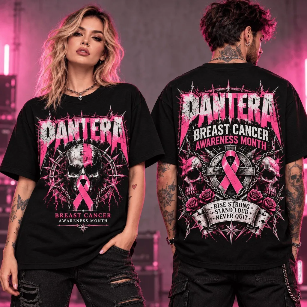 Pantera Breast Cancer Awareness Month Pink Ribbon Skull Graphic T-Shirt Pantera Breast Cancer Awareness Month Pink Ribbon Skull Graphic T-Shirt