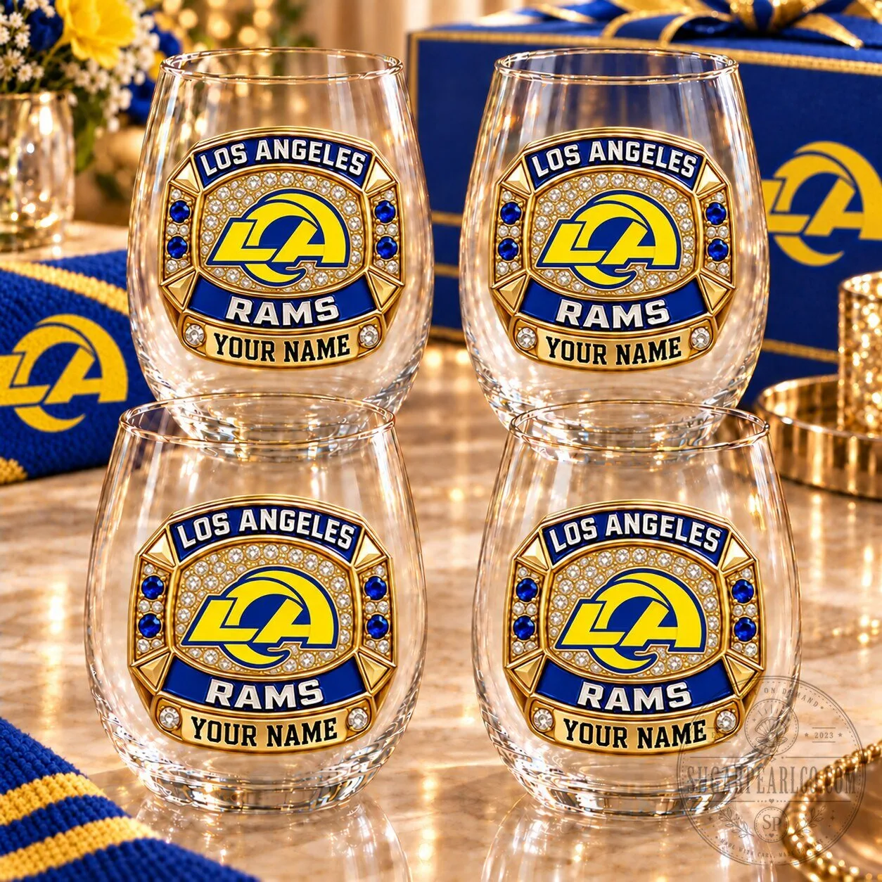 Los Angeles Rams Football Team Personalized Stemless Wine Glass Set