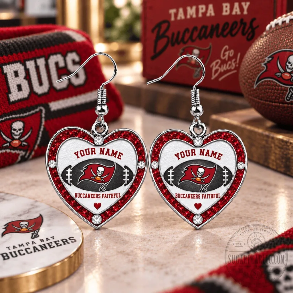 Tampa Bay Buccaneers Heart Shaped Dangle Earrings Personalized Gift Tampa Bay Buccaneers Heart Shaped Dangle Earrings Personalized Gift