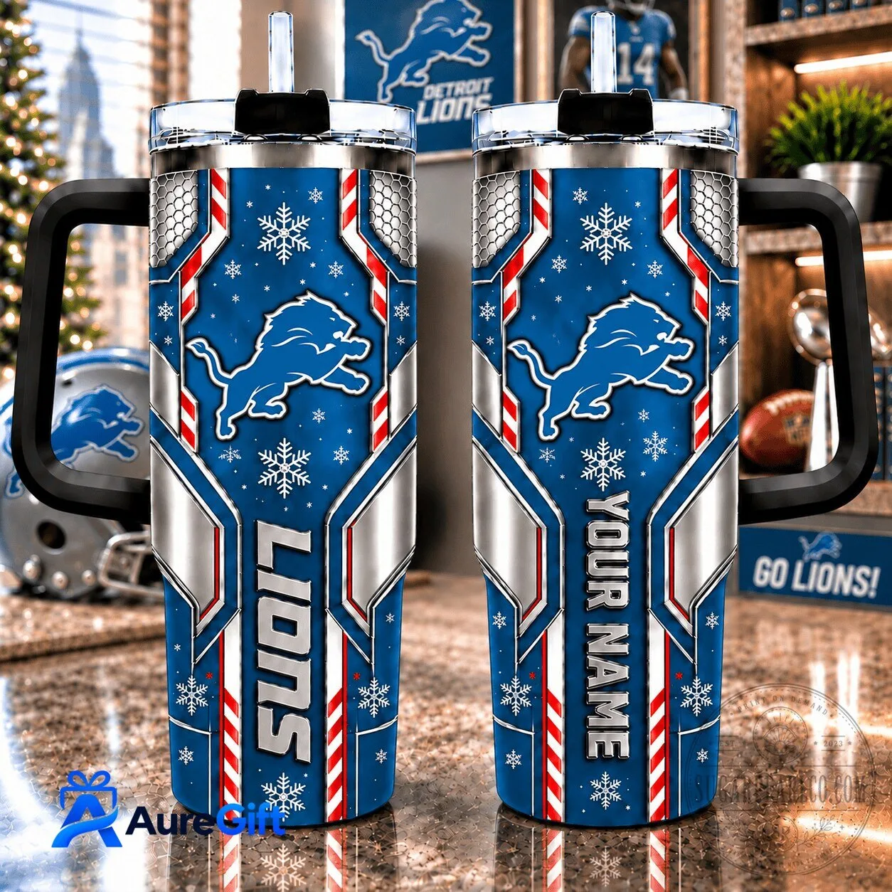 Detroit Lions Christmas Kick Off Personalized Stainless Steel Tumbler