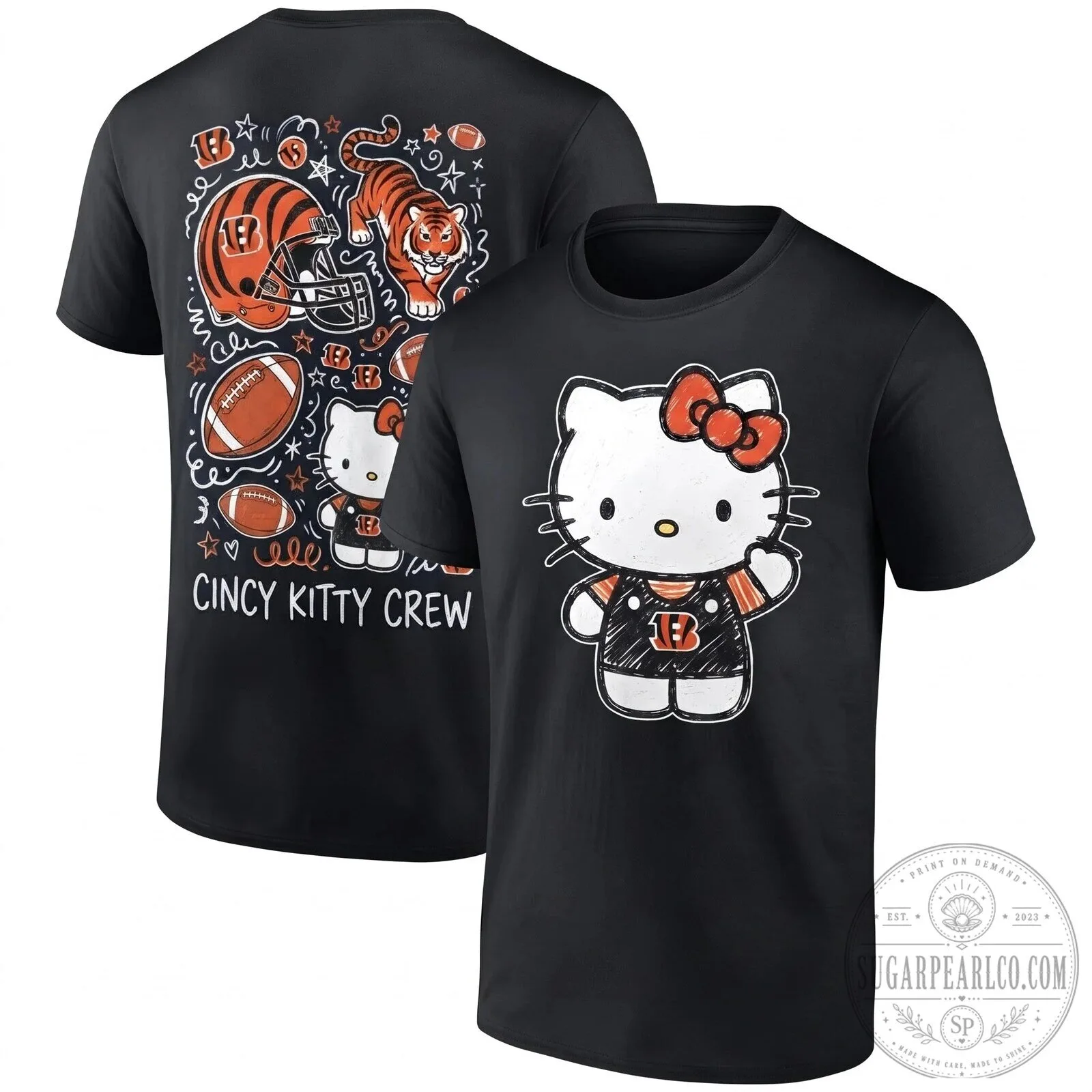 Black T-Shirt Featuring Hello Kitty and the Cincinnati Bengals Football Team