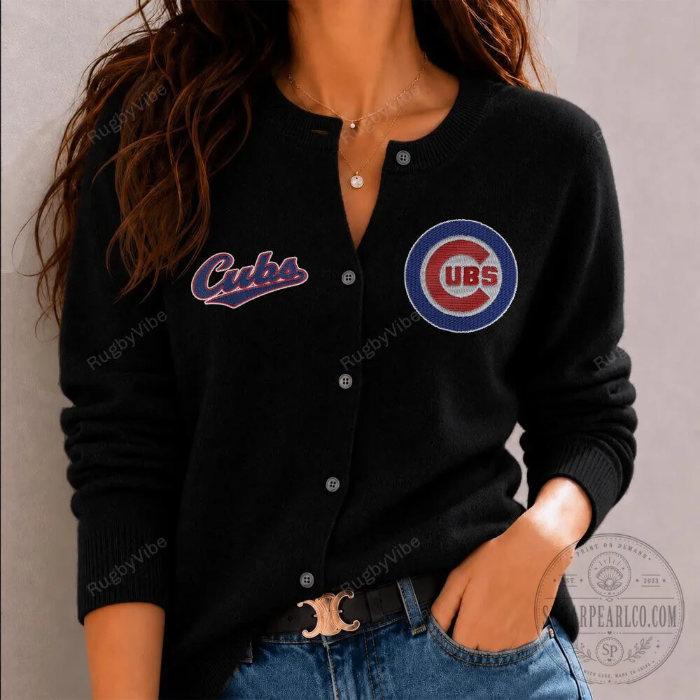 Chicago Cubs Baseball Team Logo Black Button-Up Cardigan Sweater