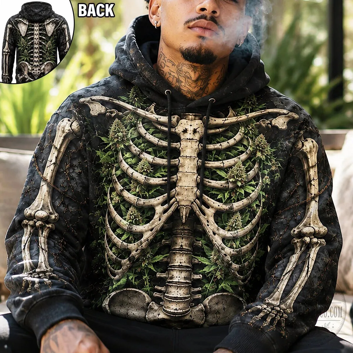 Gothic Skeleton Rib Cage Marijuana Weed Leaf All Over Print Pullover Hoodie