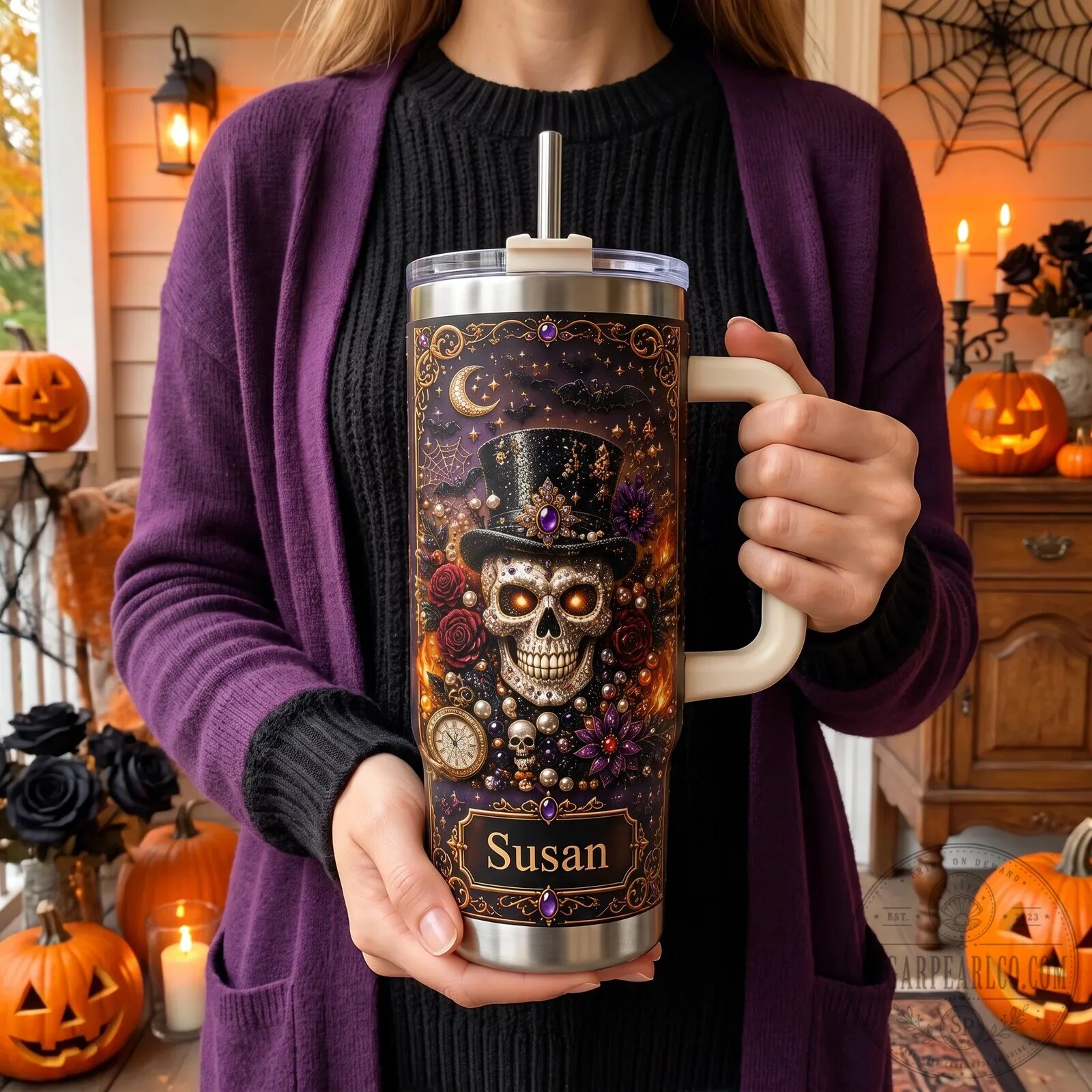 Gothic Skull Personalized Halloween Tumbler with Handle and Straw