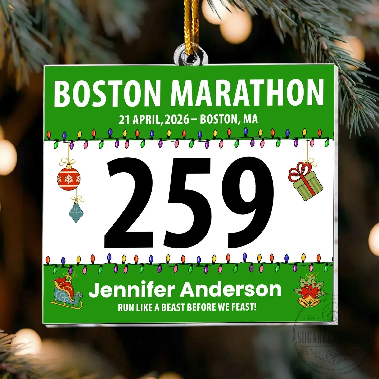 Boston Marathon Personalized Race Bib Christmas Tree Ornament