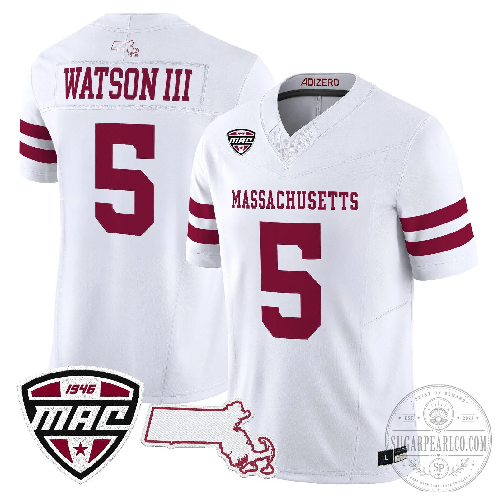 White Jersey Number 5 for Watson III of the Massachusetts Minutemen Football Team