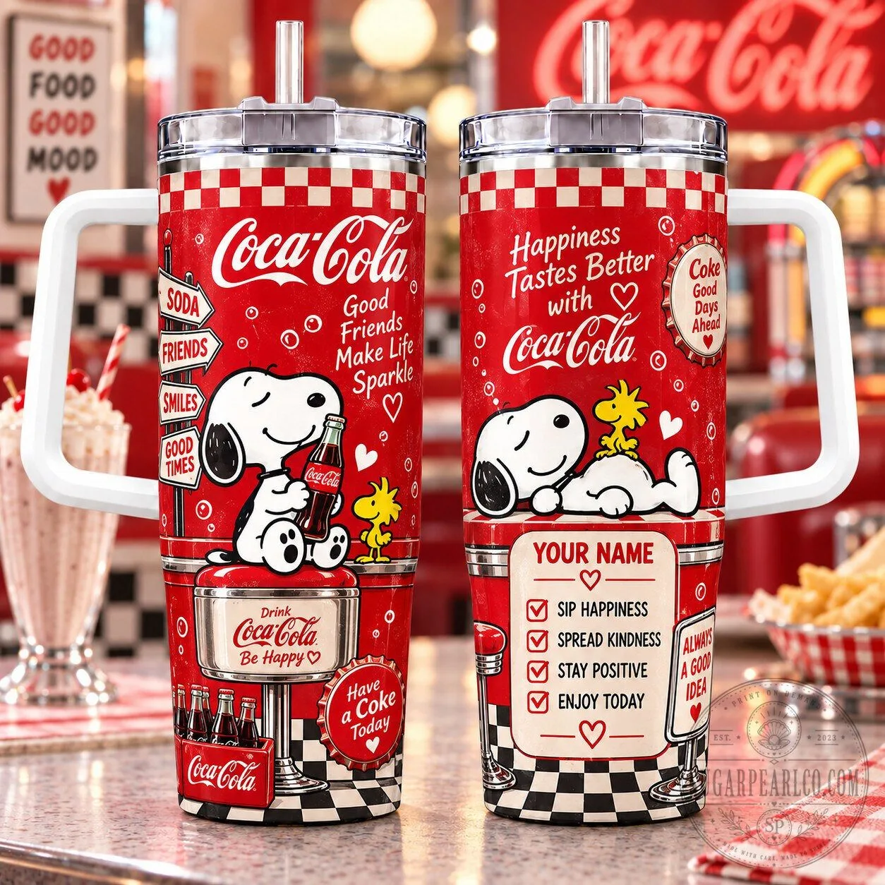 Snoopy and Woodstock Coca-Cola Diner Pattern Insulated Tumbler with Handle