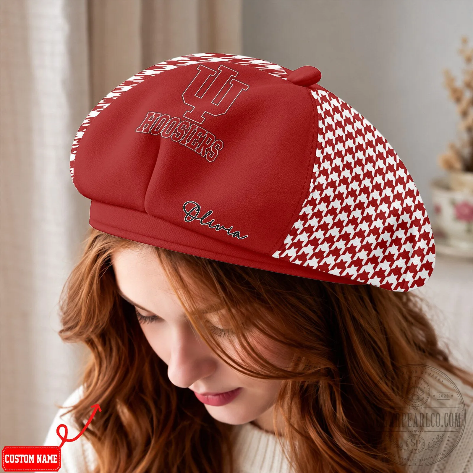 Indiana Hoosiers Personalized Houndstooth Pattern Beret Cap Hat