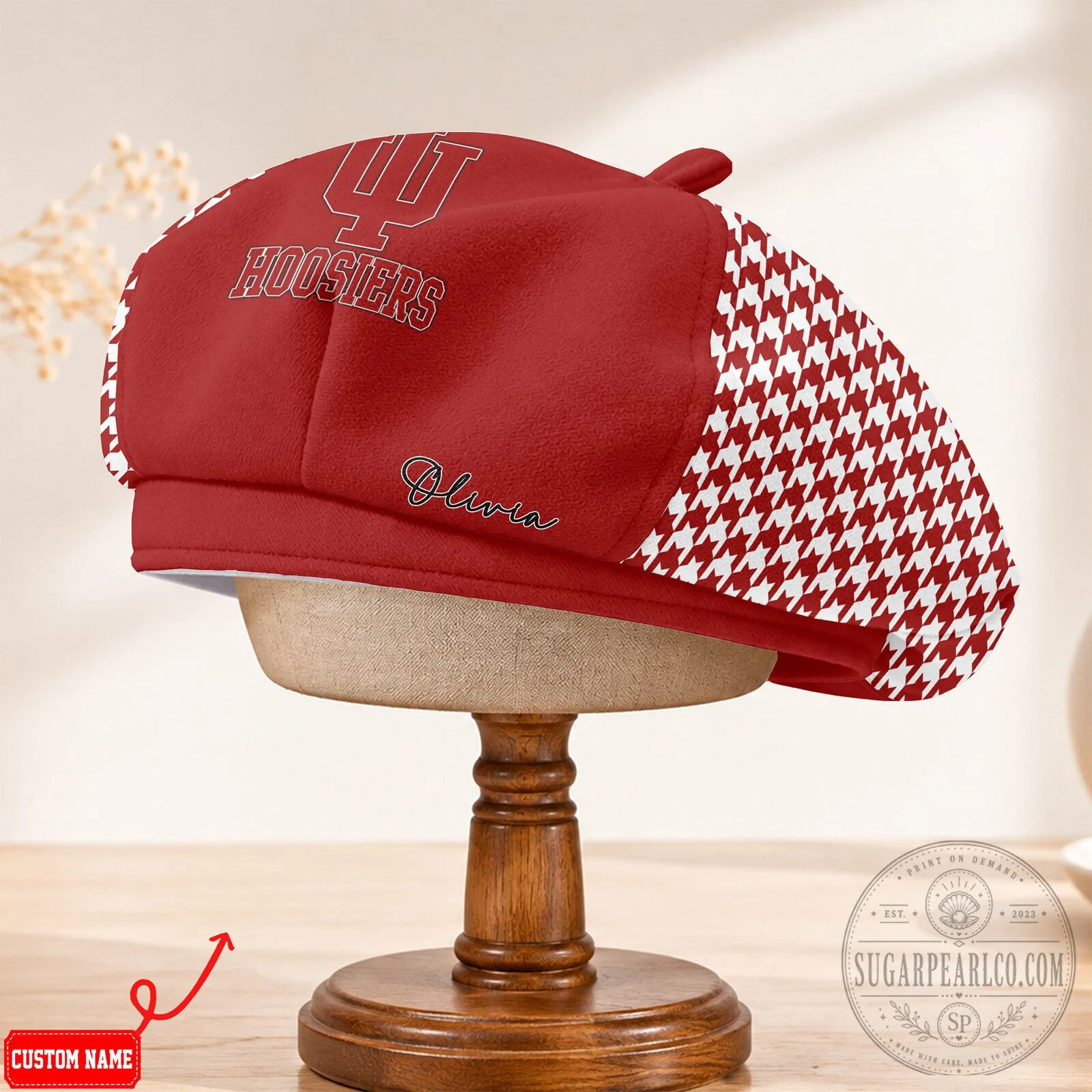 Indiana Hoosiers Personalized Houndstooth Pattern Beret Cap Hat 11 Indiana Hoosiers Personalized Houndstooth Pattern Beret Cap Hat