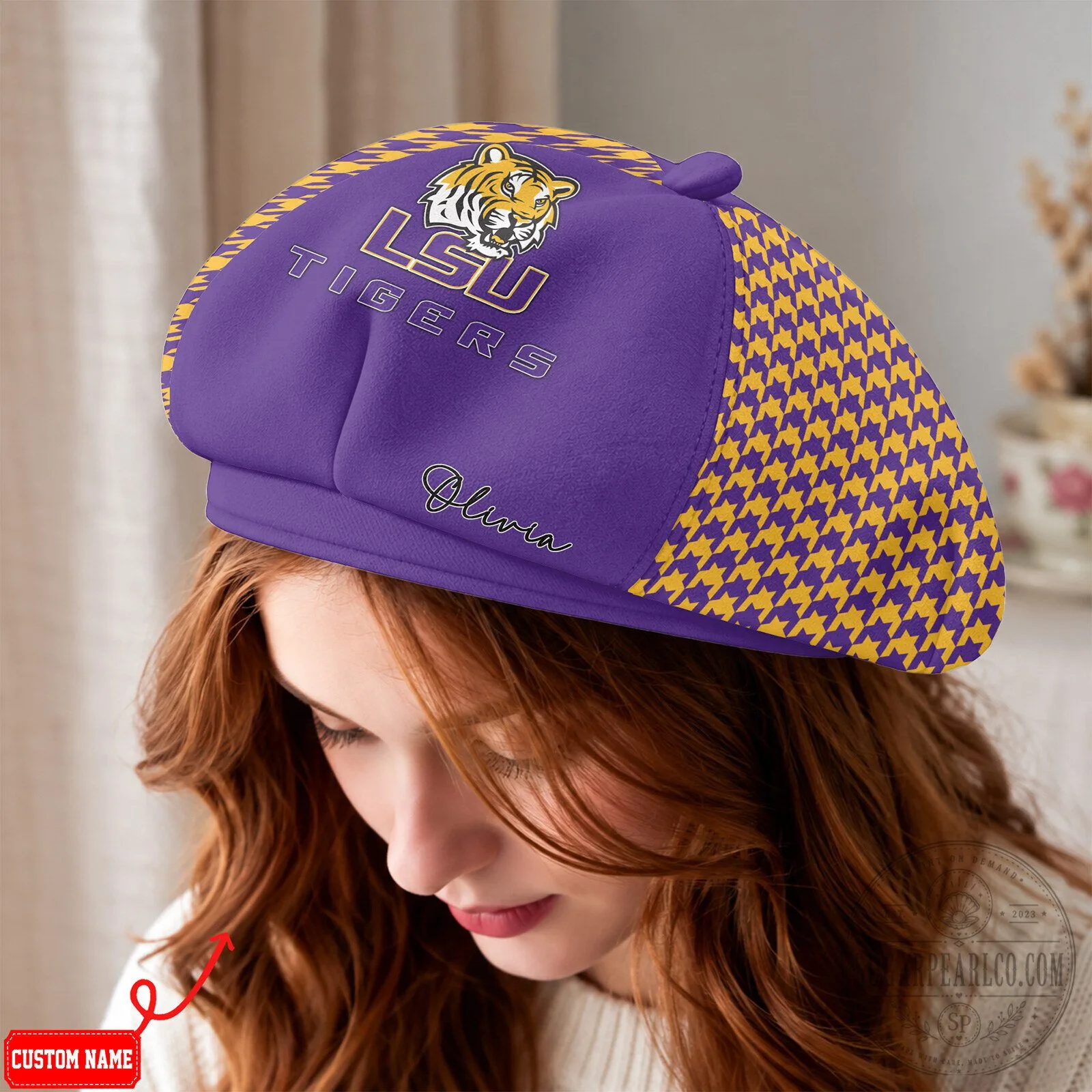 Louisiana State University Tigers Custom Name Purple Houndstooth Beret Hat