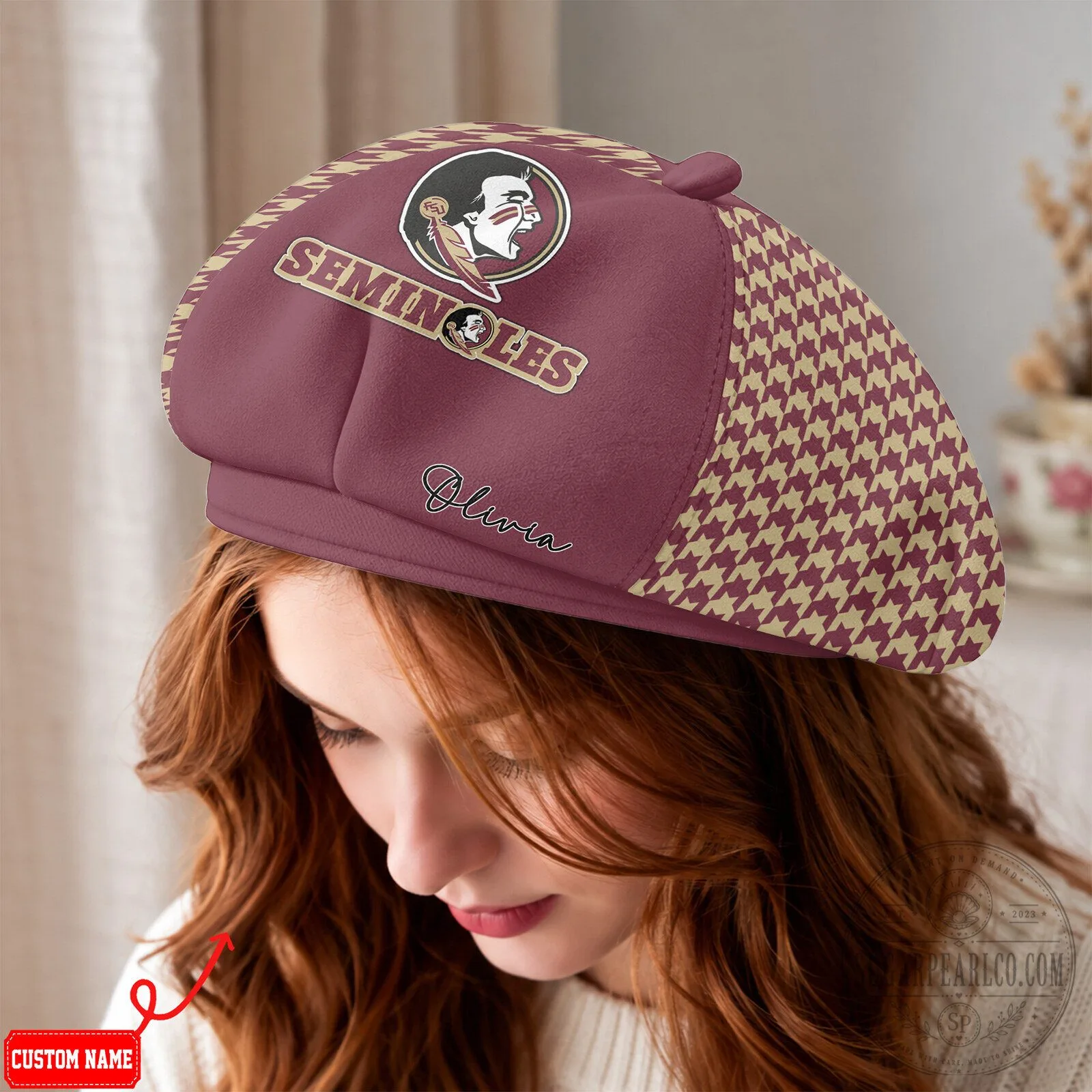 Florida State Seminoles Custom Name Houndstooth Pattern Beret Hat