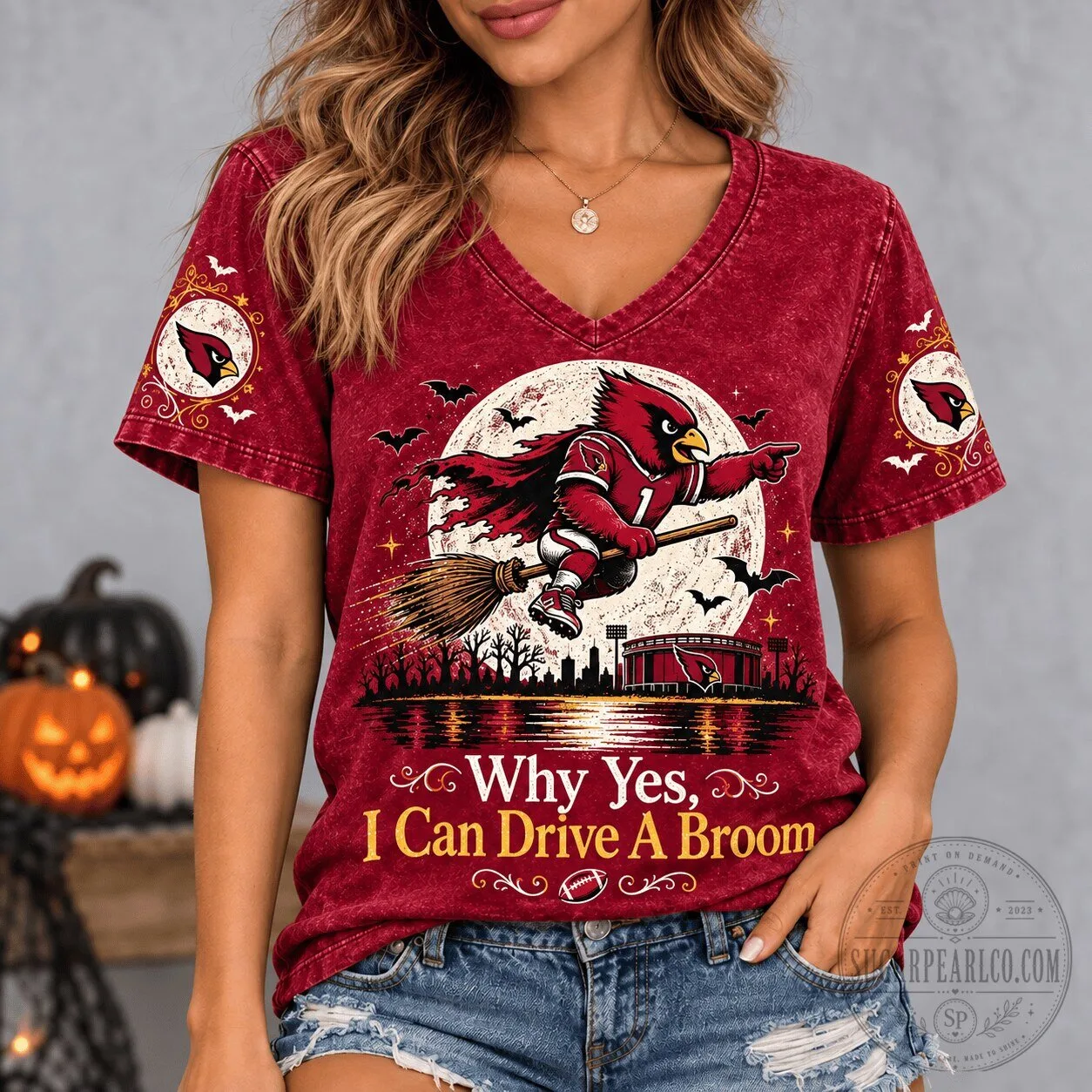 Arizona Cardinals Halloween Spooky Witch Flying Broom Football Game Day T-Shirt
