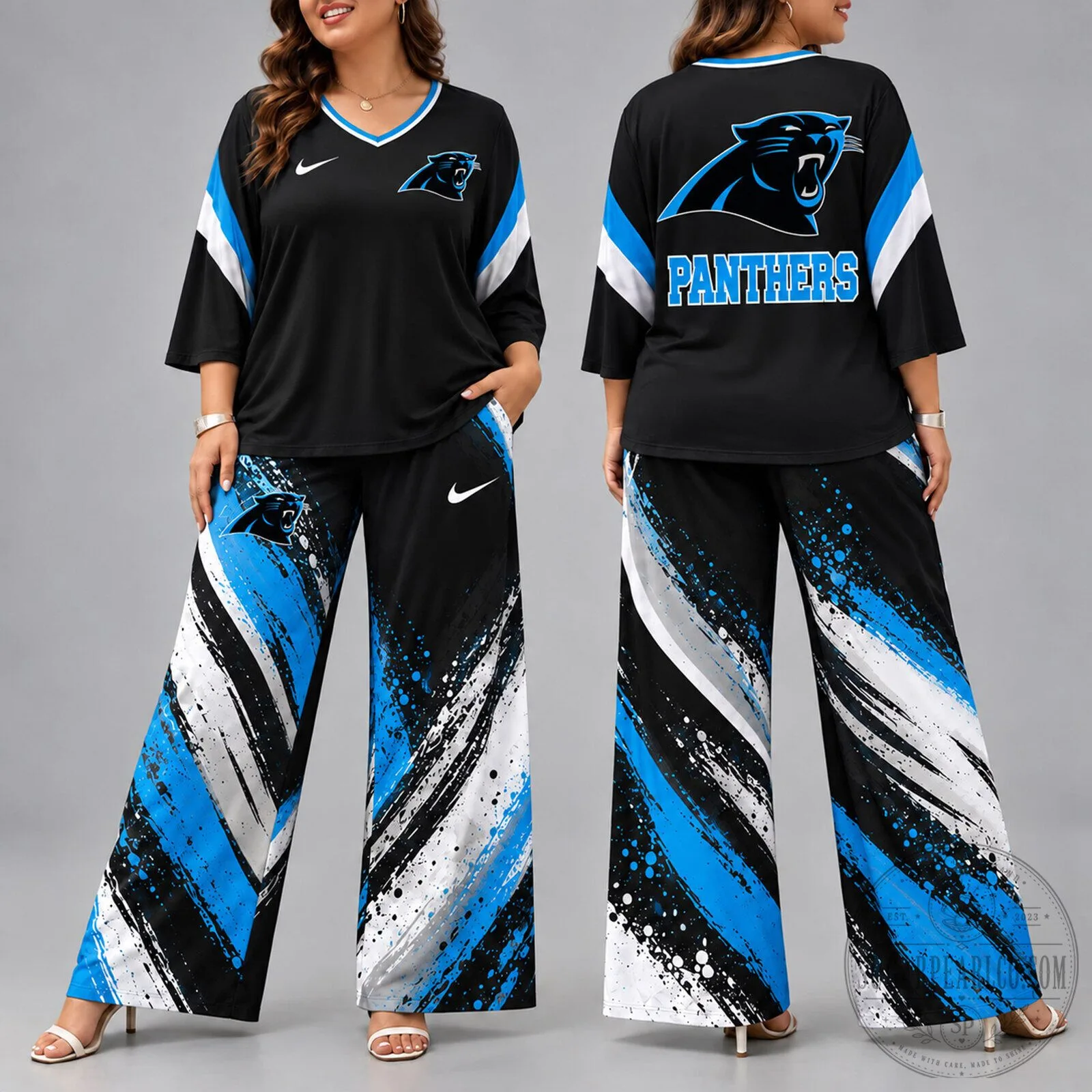 Carolina Panthers Women's V-Neck Top and Wide Leg Pants Set 2 Carolina Panthers Women's V-Neck Top and Wide Leg Pants Set
