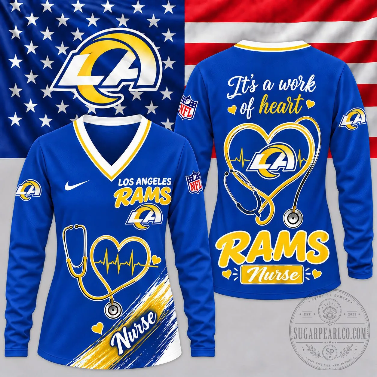 Los Angeles Rams Nurse Heartbeat Pride V-Neck Long Sleeve Shirt