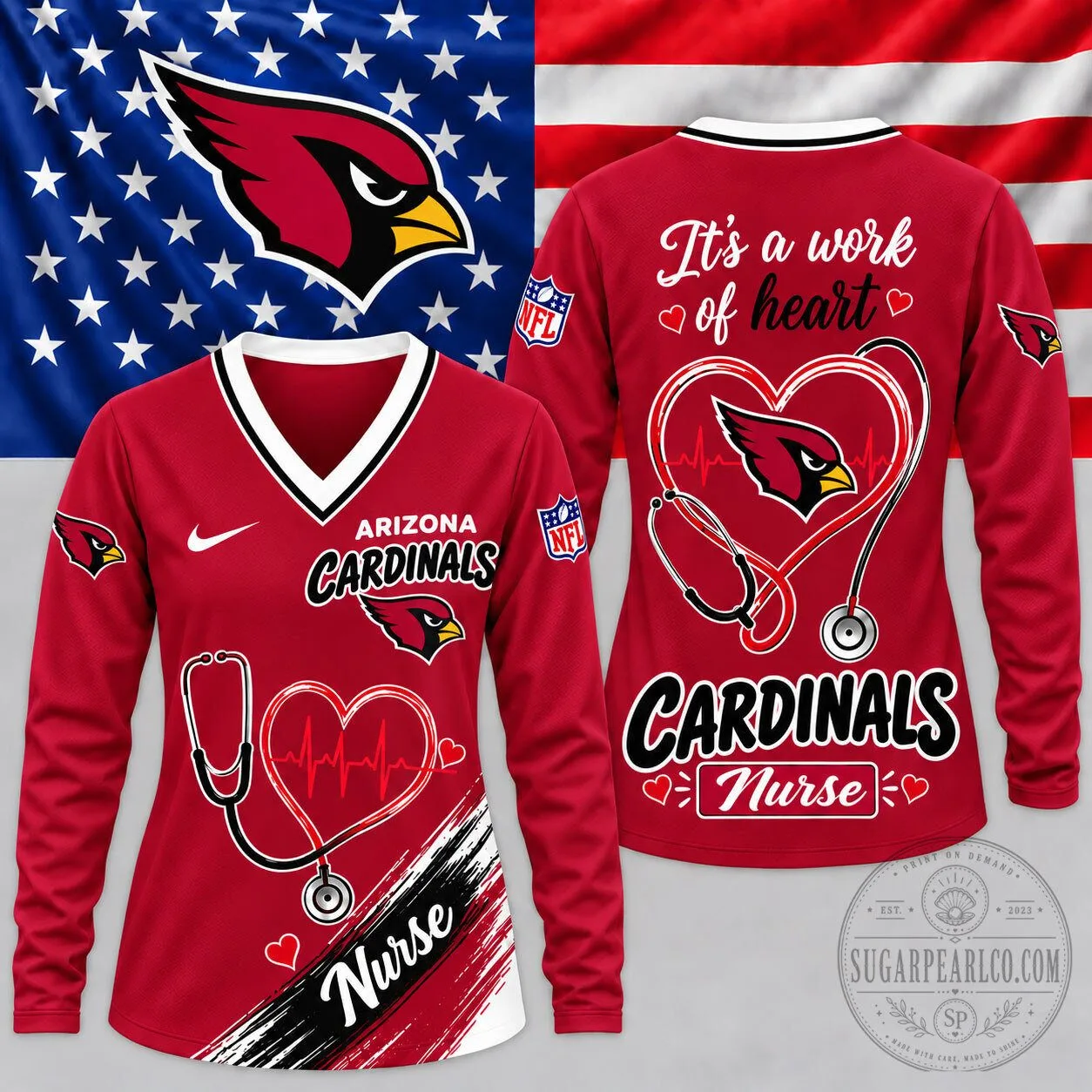 Arizona Cardinals Nurse Heartbeat Long Sleeve Shirt for Women