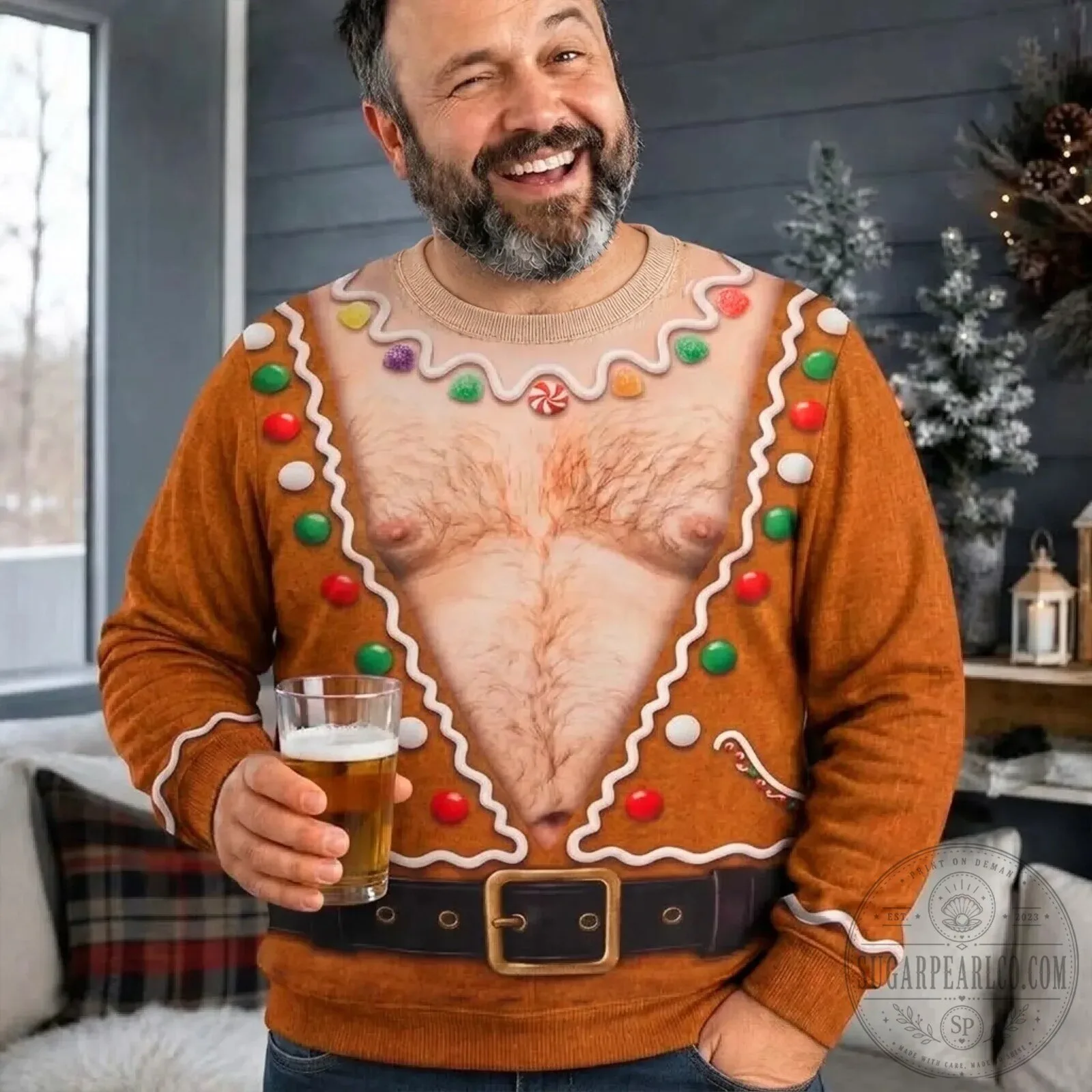 Funny Gingerbread Man Ugly Christmas Sweater with Hairy Chest Design