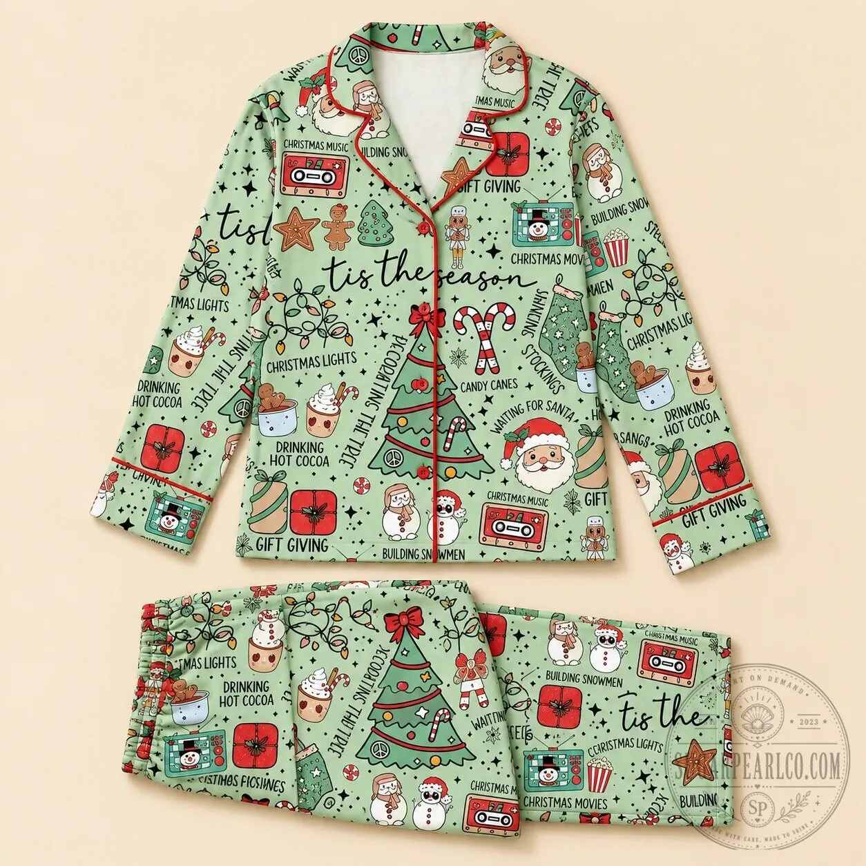 Tis The Season Christmas Holiday Retro Pattern Adult Pajamas Sleepwear Set