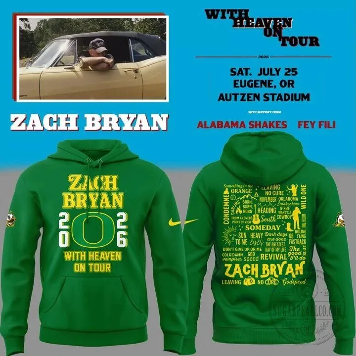 Zach Bryan With Heaven On Tour Oregon Football Green Hoodie