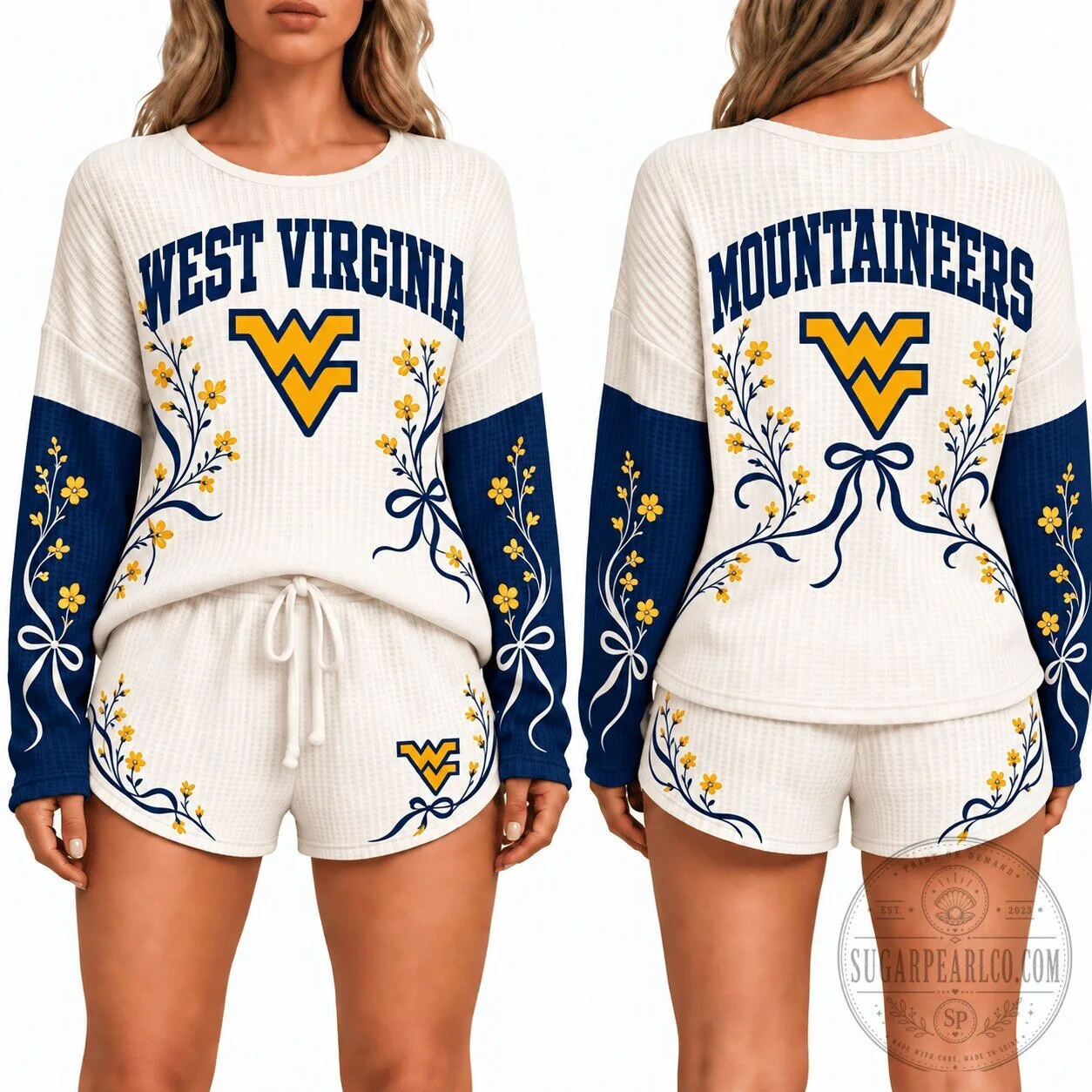 West Virginia Mountaineers Floral Waffle Knit Women's Pajamas Set