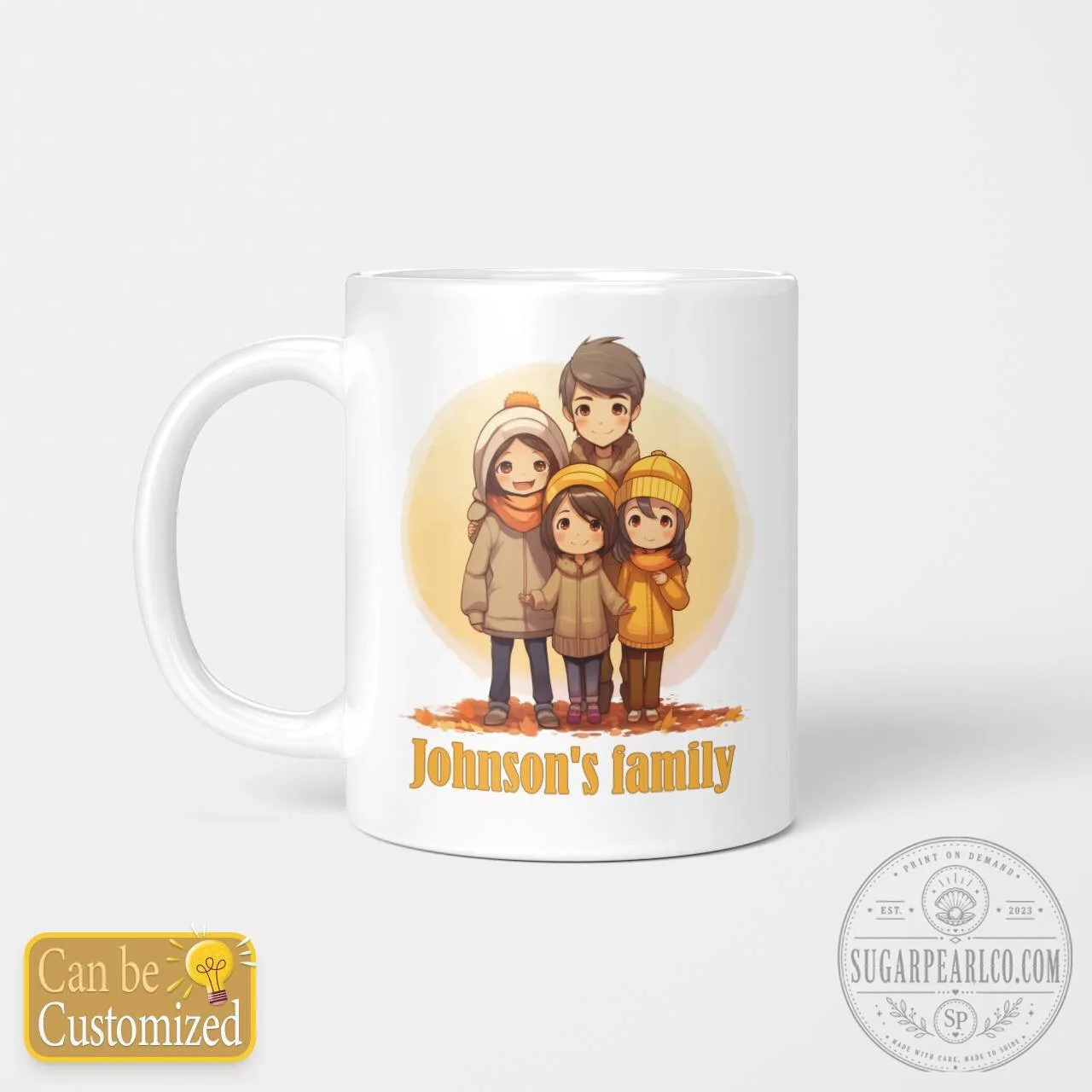 Personalized Family Portrait Mug for Four People, Custom Family Name Coffee Cup
