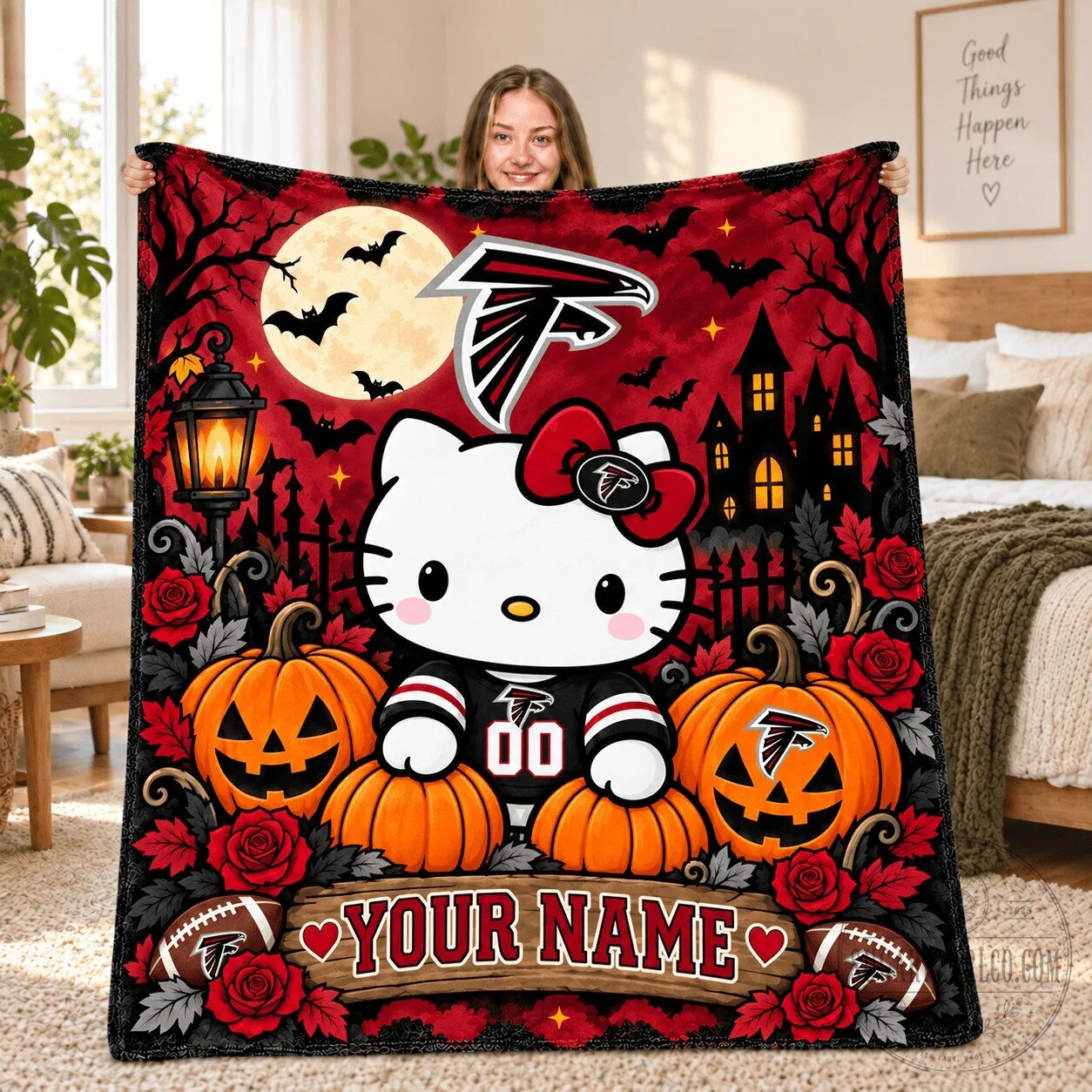 Hello Kitty Atlanta Falcons Halloween Moon Pumpkin Custom Name Blanket