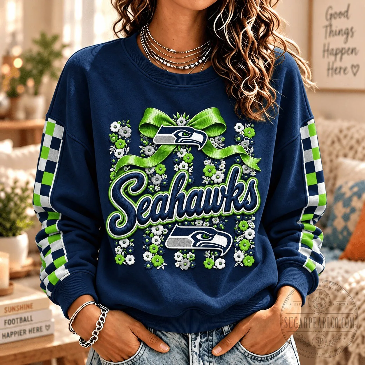 Seattle Seahawks Floral Design Women's Blue Crewneck Sweatshirt 4 Seattle Seahawks Floral Design Women's Blue Crewneck Sweatshirt