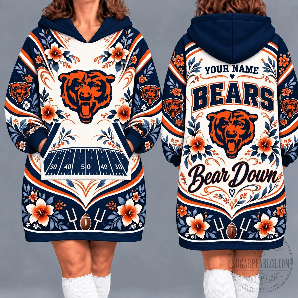 Chicago Bears Floral Bear Down Football Team Oversized Wearable Blanket Hoodie