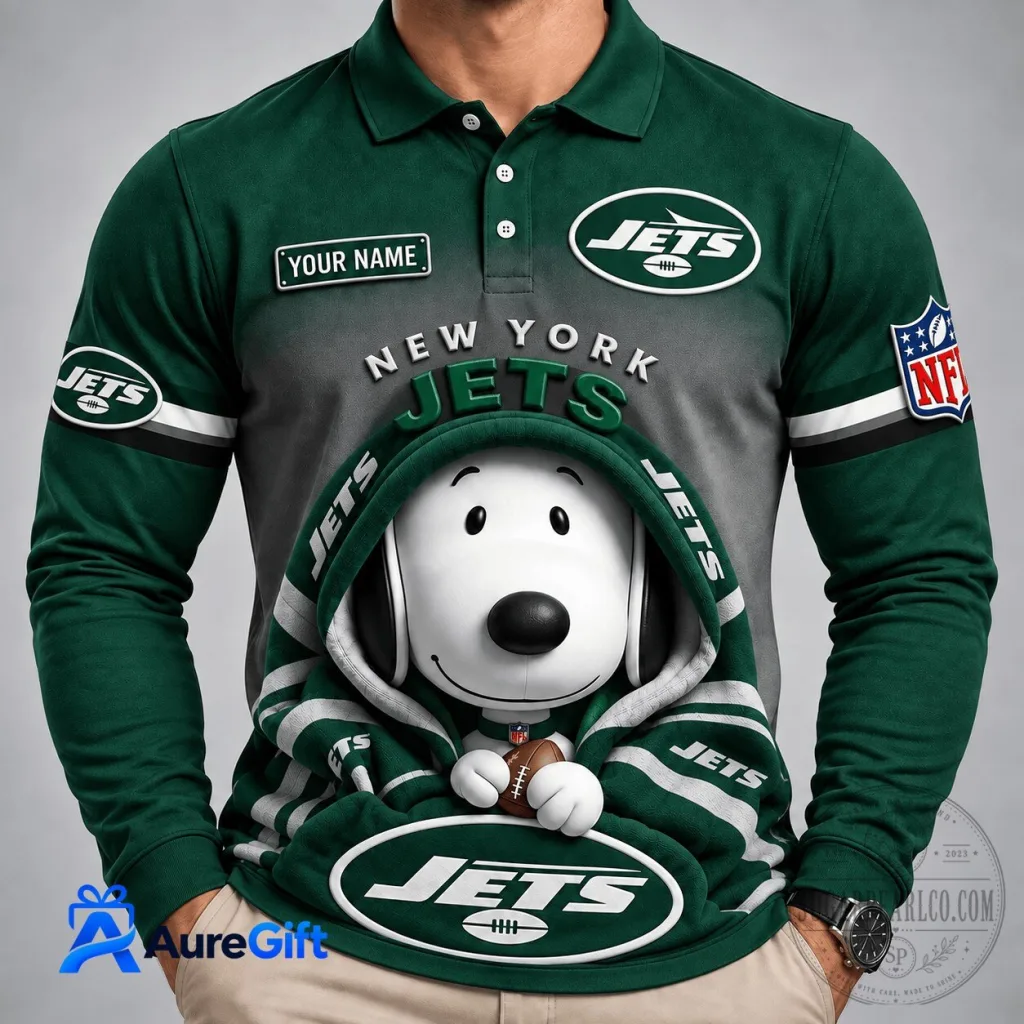 New York Jets Snoopy Christmas Kick Off Personalized Long Sleeve Polo Shirt New York Jets Snoopy Christmas Kick Off Personalized Long Sleeve Polo Shirt